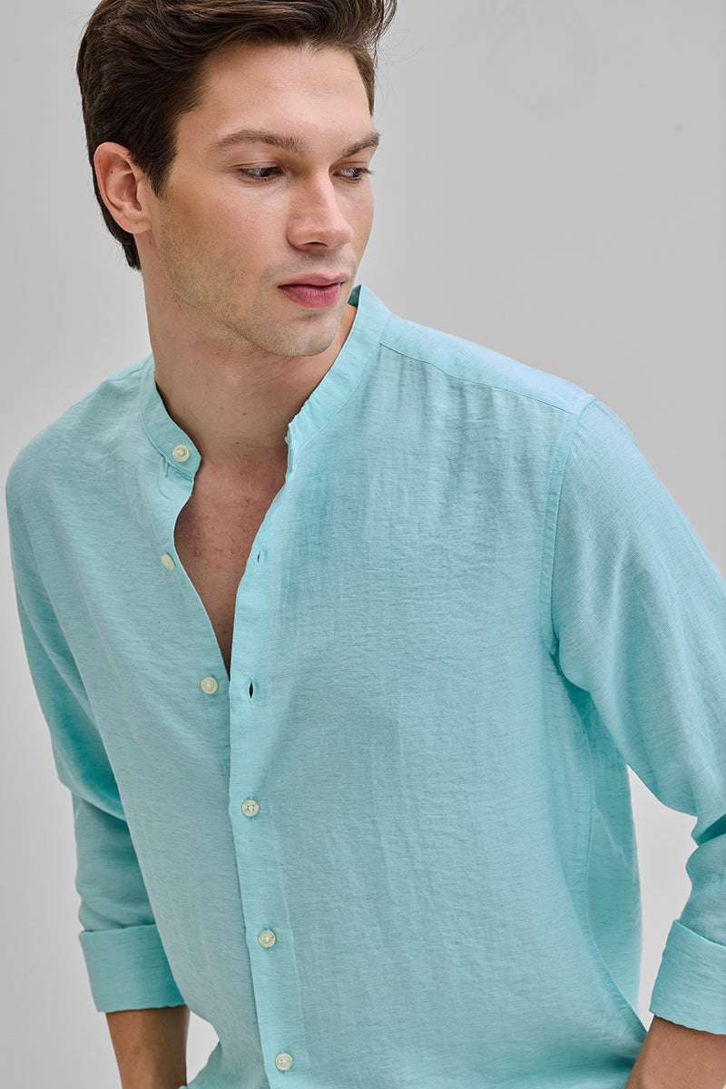SNITCH Light Blue Mandarin Linen Blend Shirt - view 4