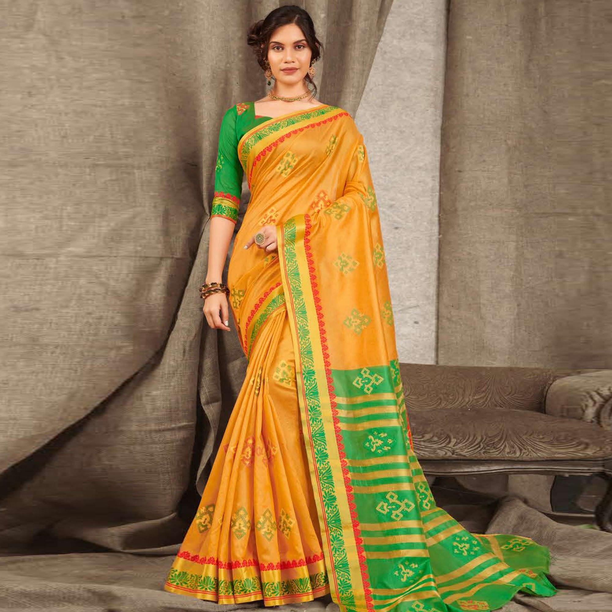Peachmode Charming Yellow Colored Festive Wear Woven Cotton Handloom Saree