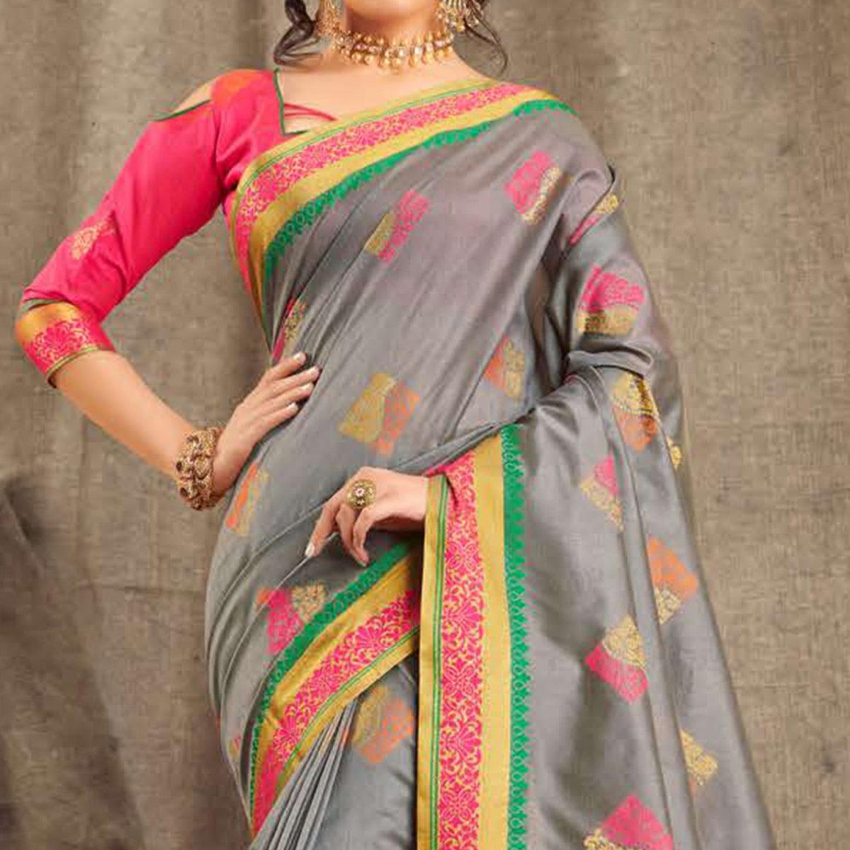 Peachmode Engrossing Grey Colored Festive Wear Woven Cotton Handloom Saree - view 2