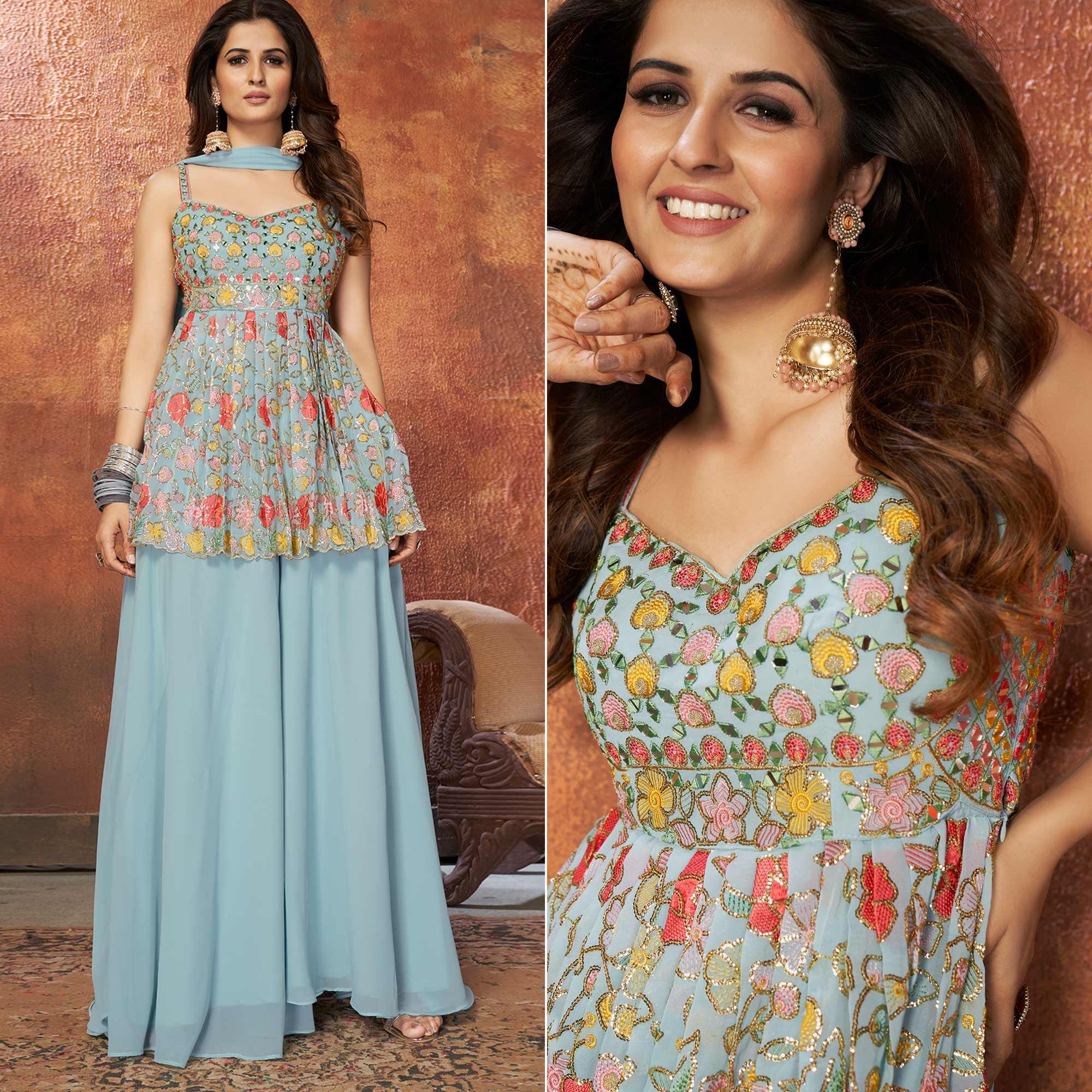 Peachmode Light Blue Party Wear Embroiddered Georgette Sharara Suit