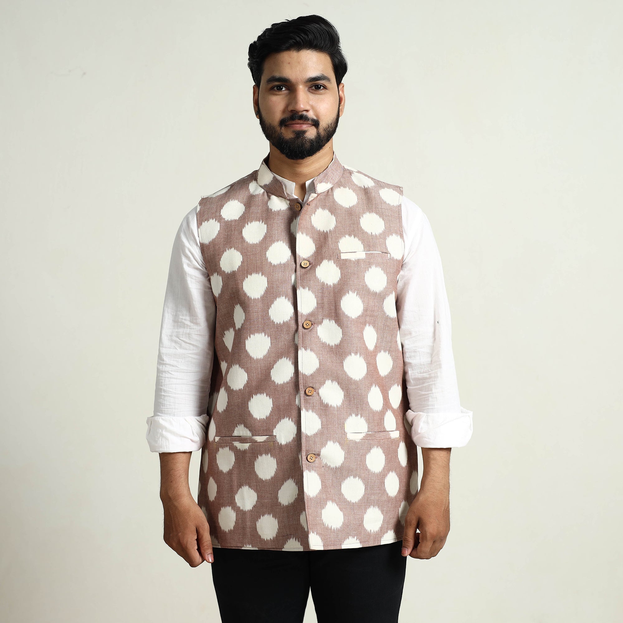 ITOKRI CASUALS Brown - Pochampally Double Ikat Handloom Cotton Men Nehru Jacket 05 - view 4