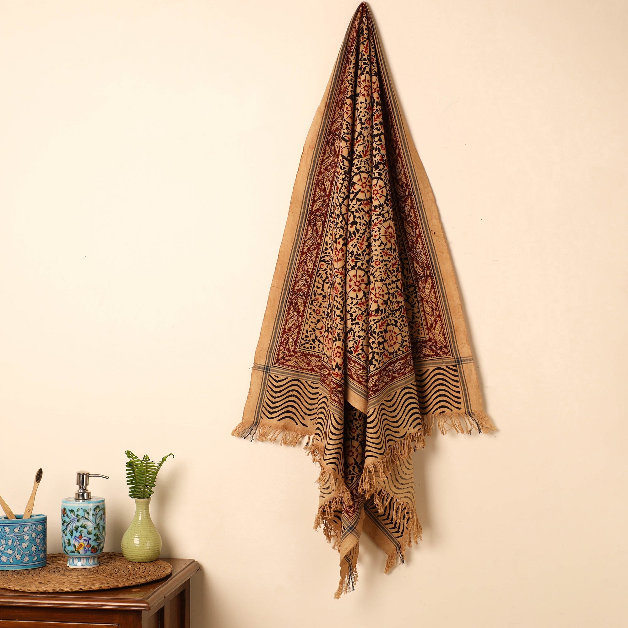 PITCHUKA SRINIVAS KALAMKARI PEDANA Beige - Handloom Cotton Block Printed Pedana Kalamkari Towel 17