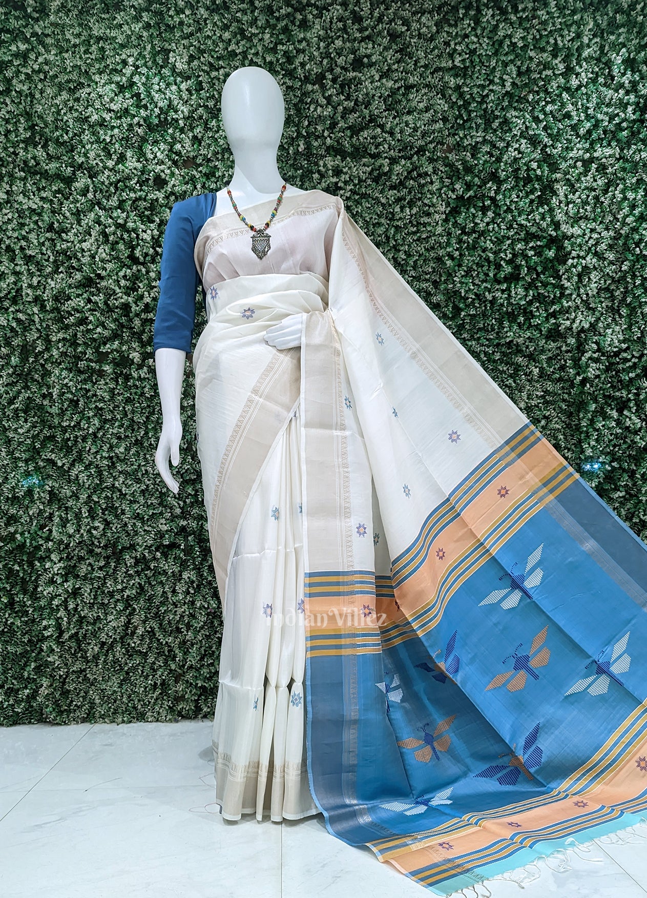 IndianVillèz White Sky Blue Pure Bishnupuri Silk Saree
