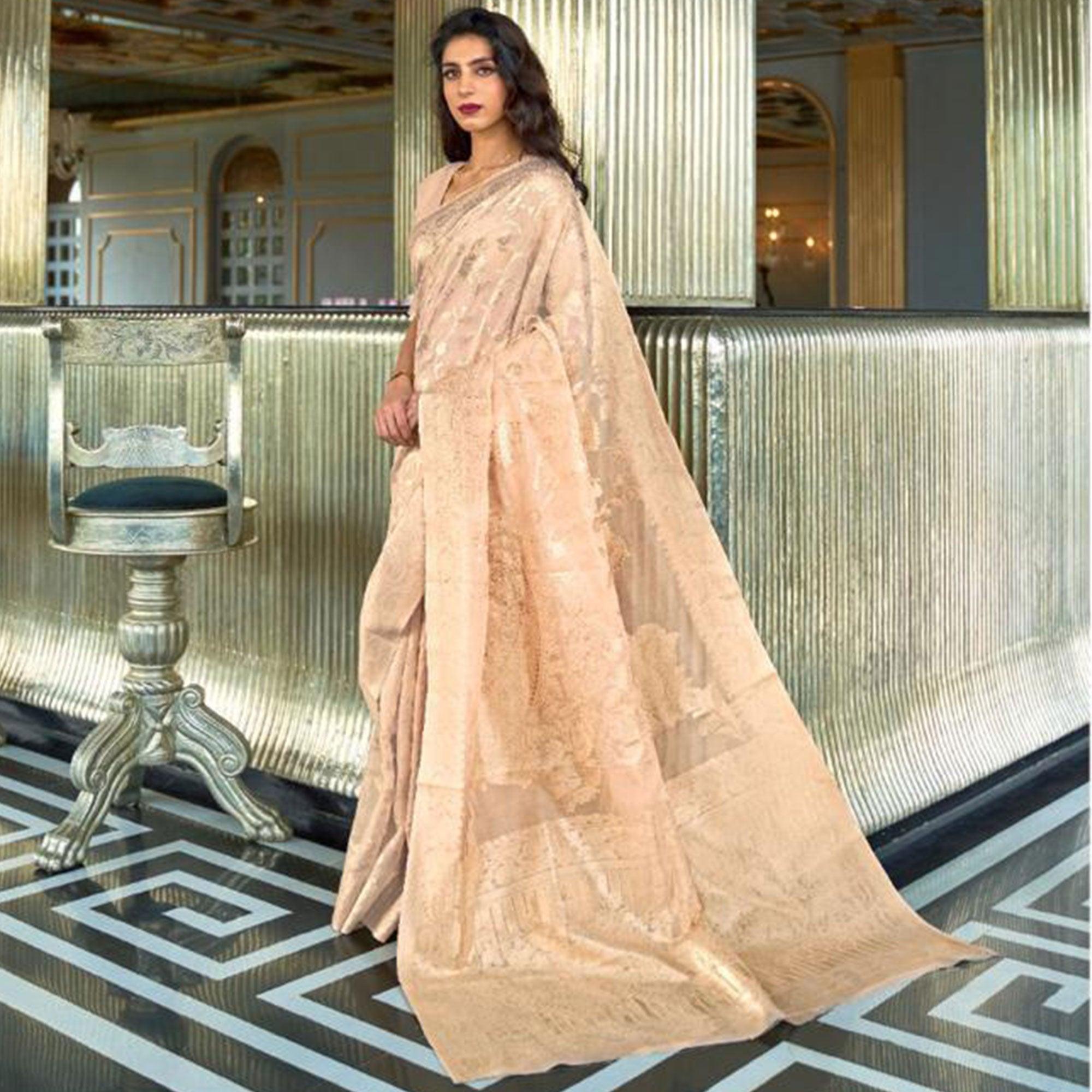 Peachmode Groovy Beige Coloured Partywear Pure Modal Woven Silk Saree