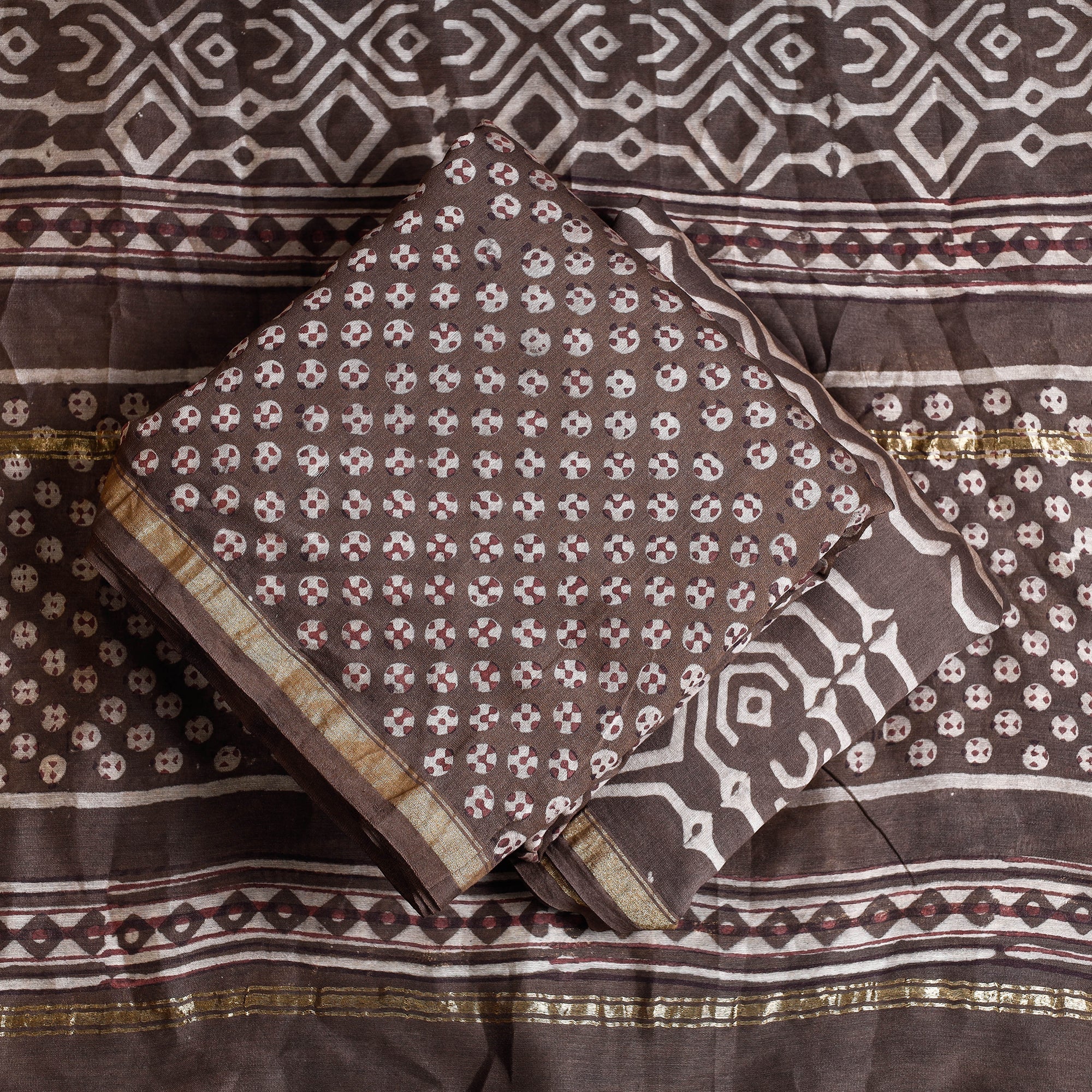 HAVELI CHRONICLES Brown - 3pc Akola Block Printed Chanderi Silk Suit Material Set - view 2