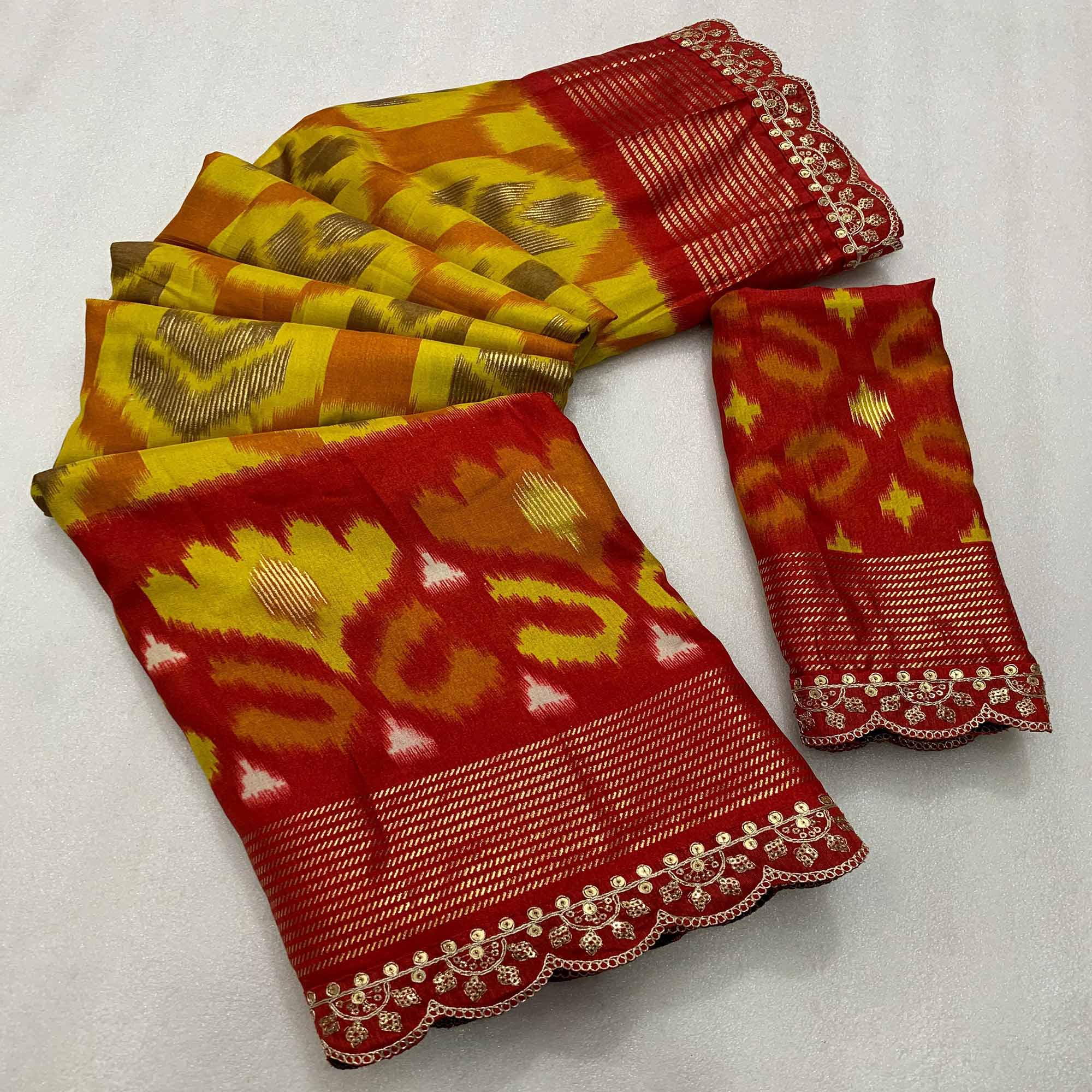 Peachmode Lemon Yellow & Red Ikkat Printed Dola Silk Saree With Sequins Embroidered Border