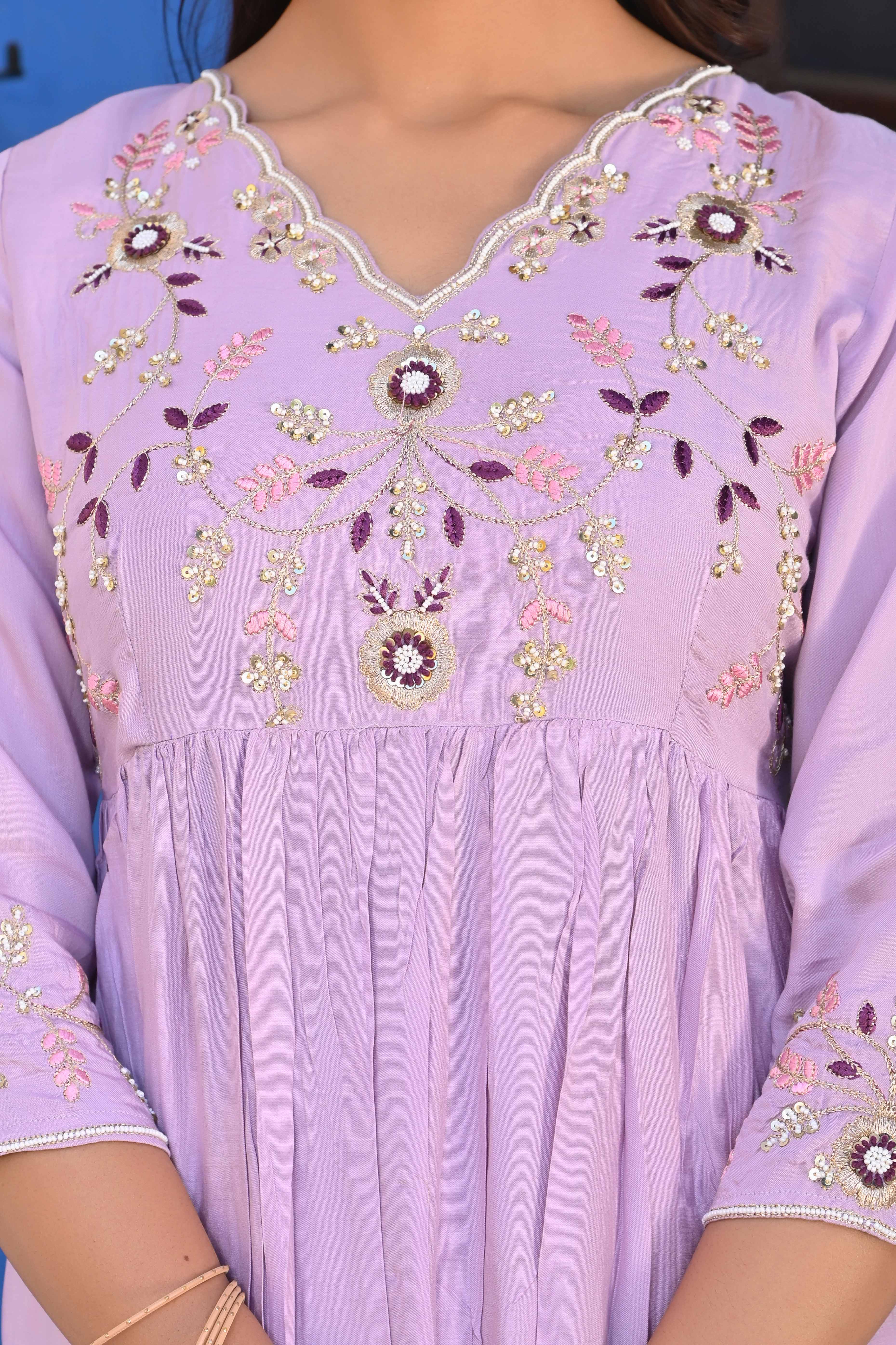 Peachmode Lavender Floral Embroidered Muslin Anarkali Salwar Suit - view 2