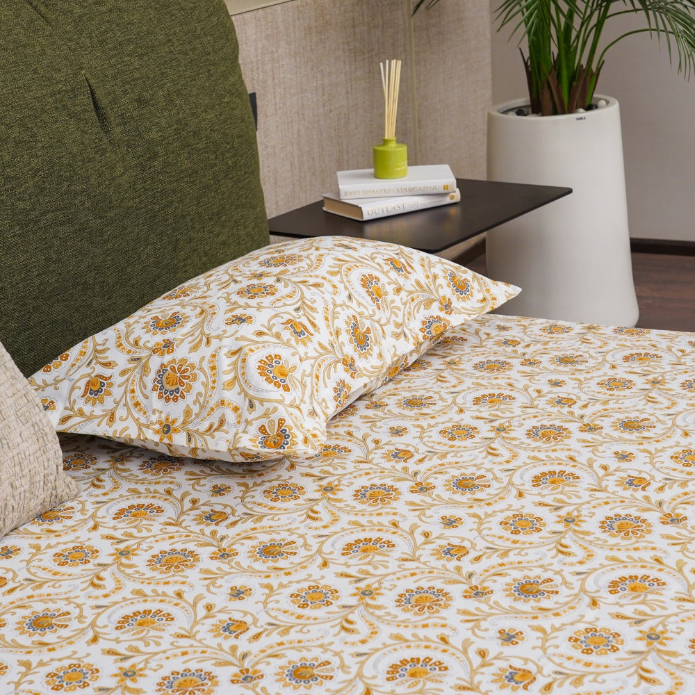 Urban Space -Home Furnishing Store Serene Collection - Breathable 200 TC 100% Pure Cotton Single Bedsheet with Pillow Cover, Guldaudi Floral - Brown
