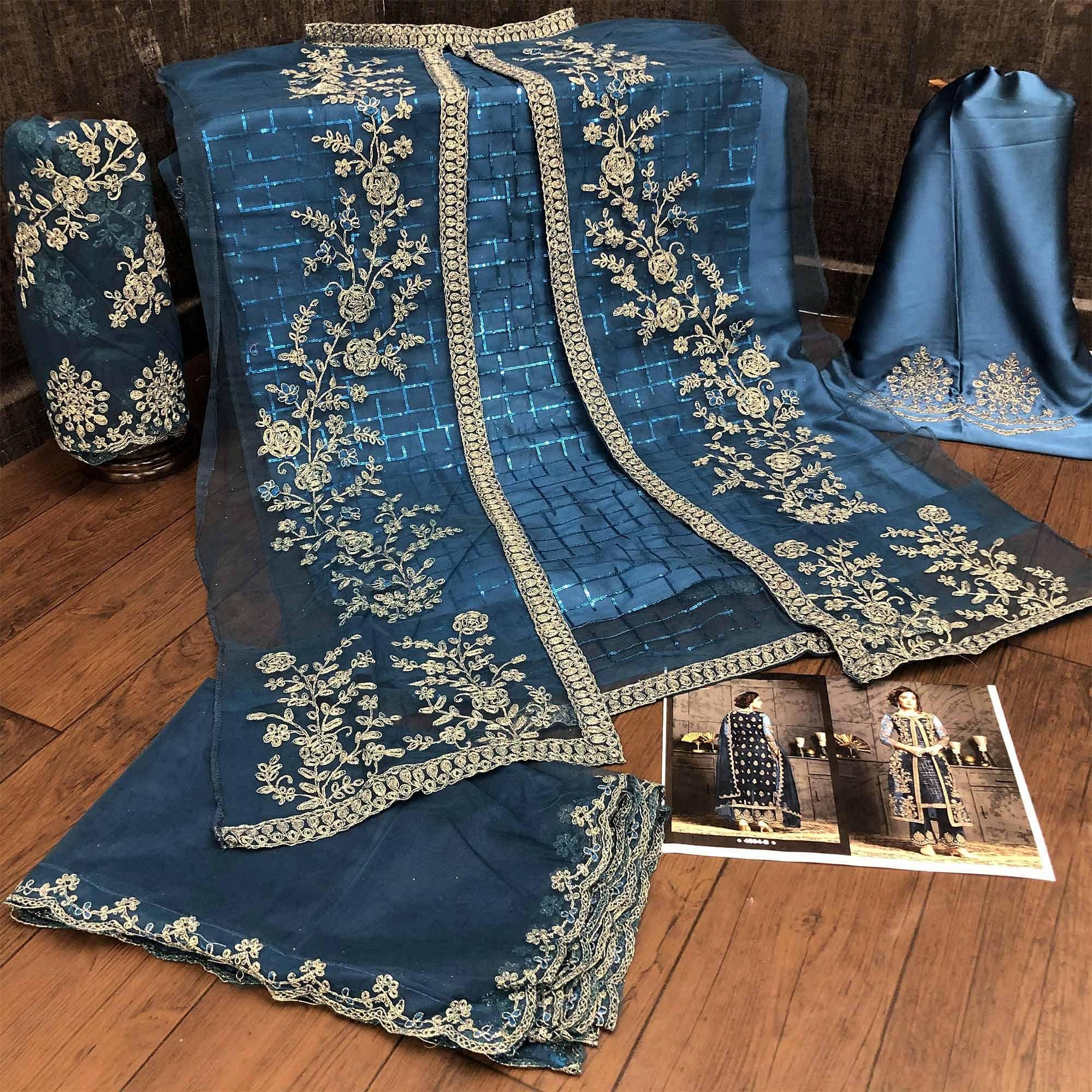 Peachmode Classy Aqua Blue Coloured Party Wear Floral Embroidered Butterfly Net Pakistani Straight Suit - view 3
