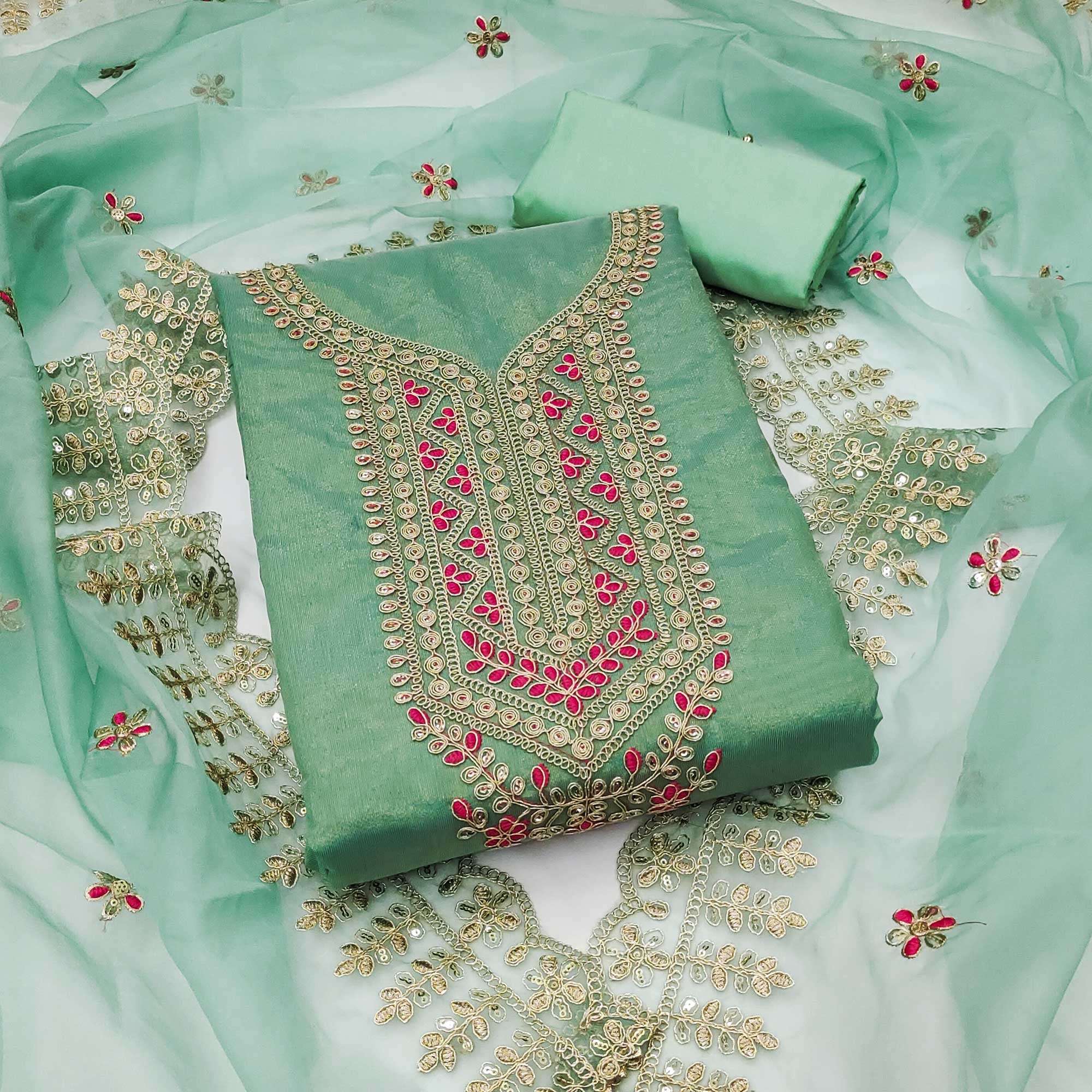 Peachmode Turquoise Sequins Embroidered Chanderi Silk Dress Material