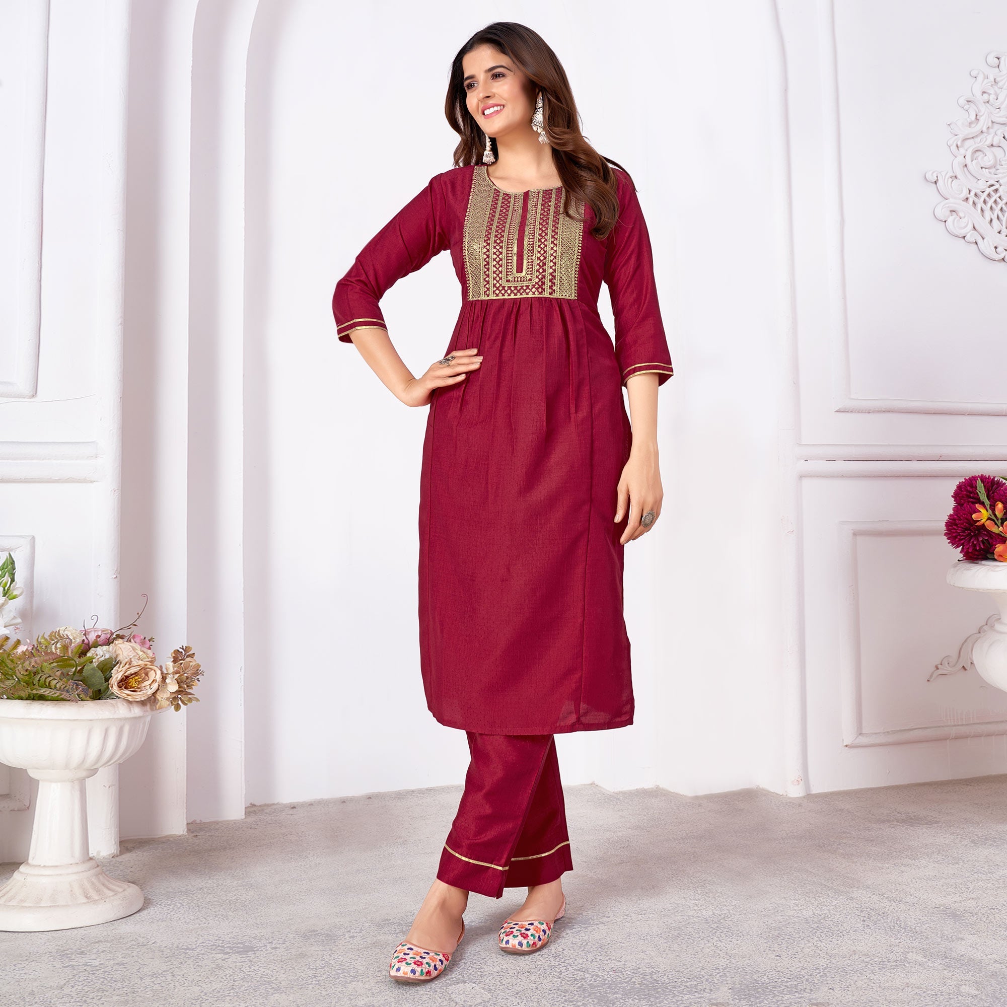 Peachmode Seller Dark Magenta Embroidered Art Silk Salwar Suit - view 2