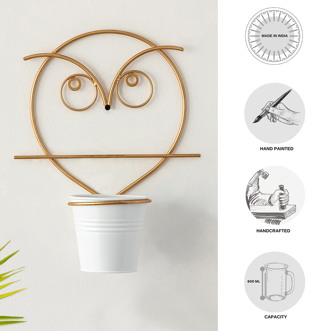 EXCLUSIVELANE 'Angry Owl' Wall Planter Pot In Galvanized Iron (10 Inch, Brass Finish) - view 5