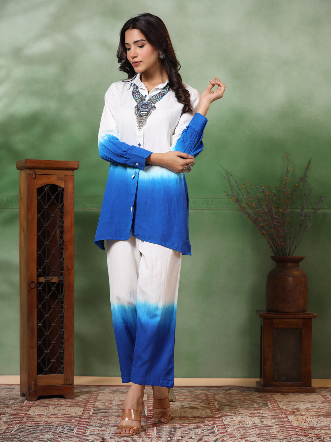 FASHOR Ombre Dyed & Embroidered Straight Fit Co-ord Set with a Neckpiece - Blue - view 6