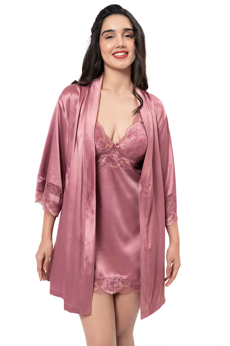 Amante Eternal Bliss Satin Lace Robe - Messa Rose