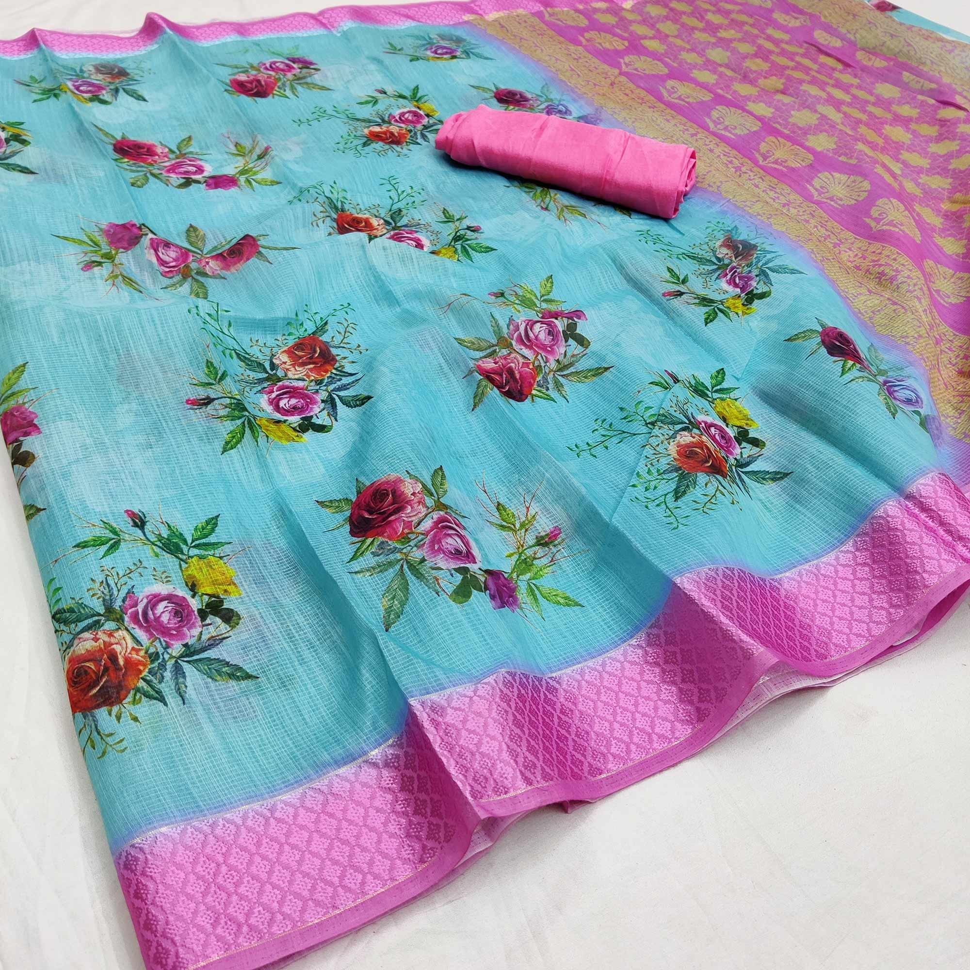 Peachmode Blue-Pink Festive Wear Floral Digital Printed With Woven Border Soft Cotton Saree