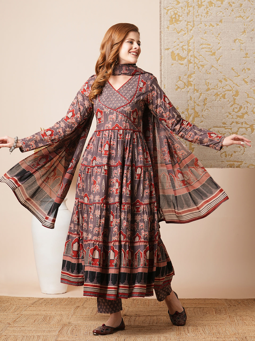 FASHOR Ethnic Printed Embroidered A-Line Tiered Flared Kurta with Pant and Dupatta - Grey