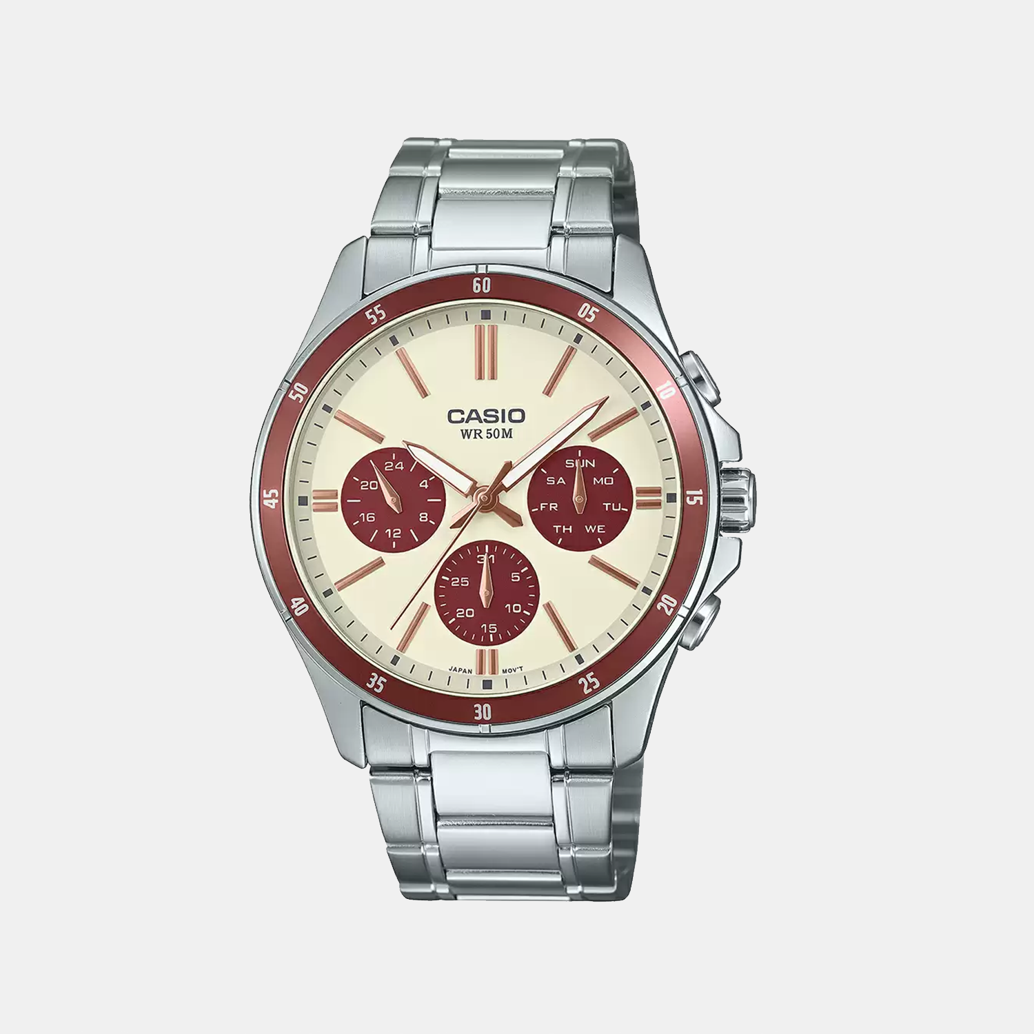 Casio Enticer Men Quartz Cream Dial Multi-Function Stainless Steel Watch A2347