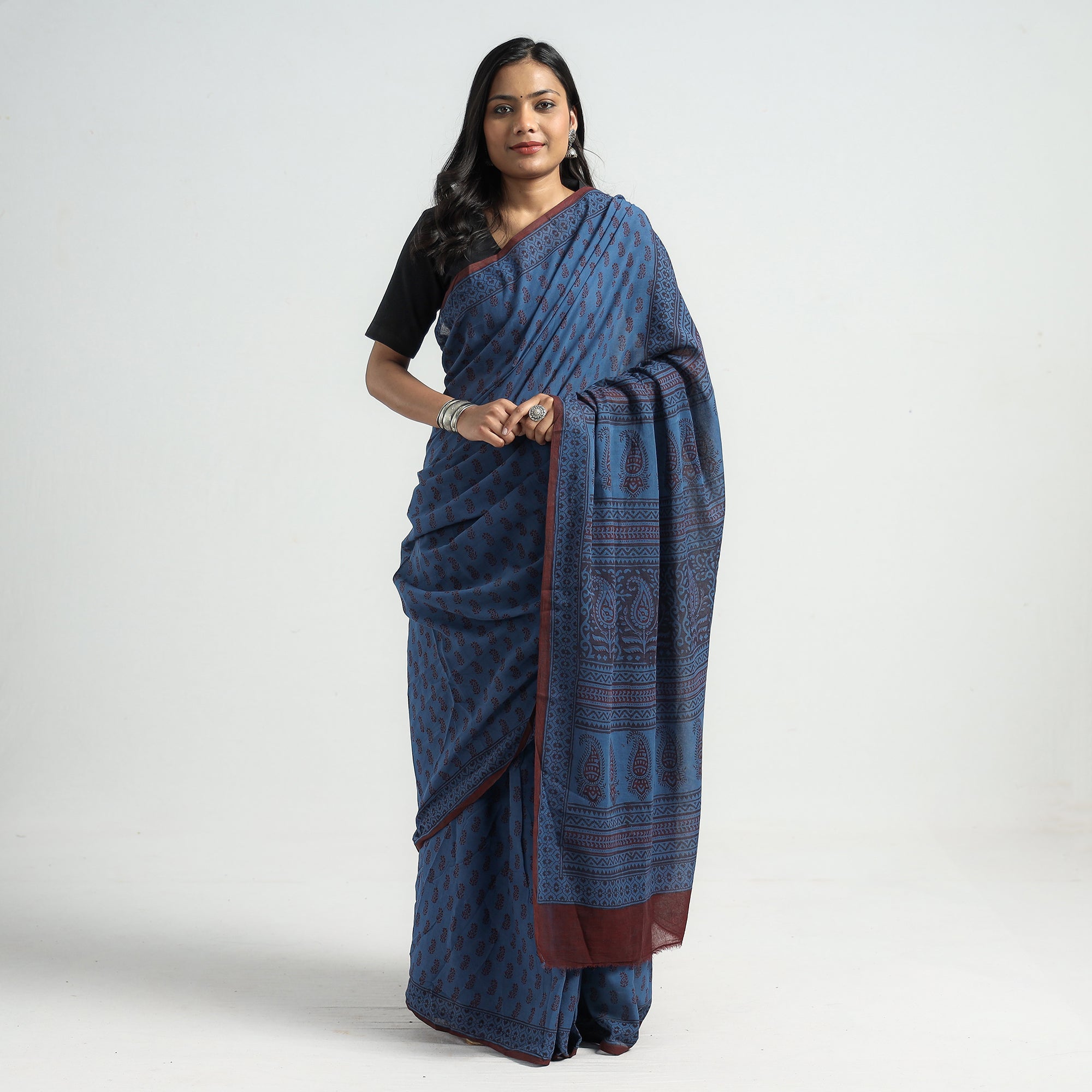 BAGH PRINTS BY YAKOOB KHATRI Blue - Bagh Hand Block Printed Cotton Saree