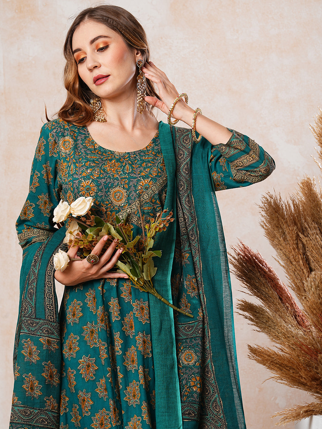 Fashor Floral Printed & Embroidered A-Line Flared Kurta with Pant & Dupatta - Green - view 2
