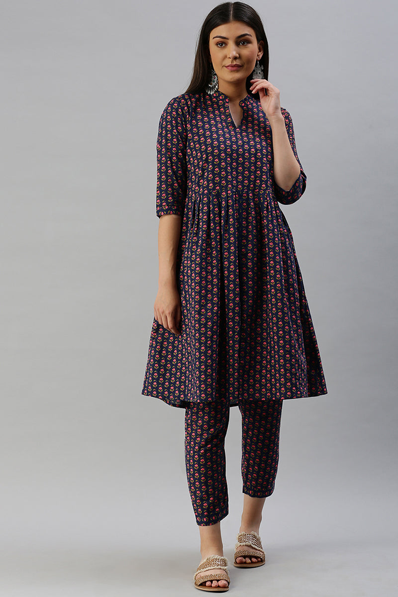 Ahika Cotton Navy Blue Floral Printed A Line Kurta Palazzo Set VKSET1136