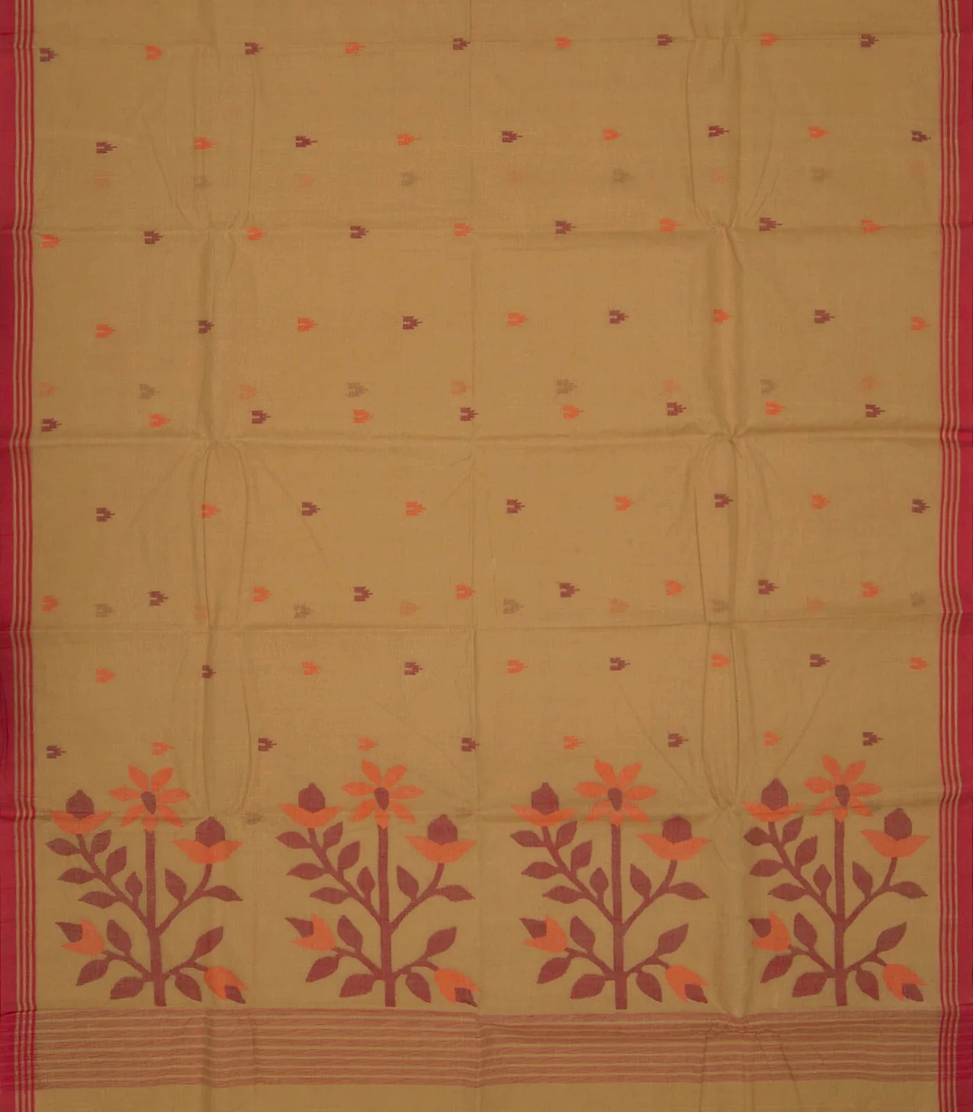 RmKV Beige Handloom Dhakai Cotton Saree With Floral Pallu & Red Border-Beige - view 2