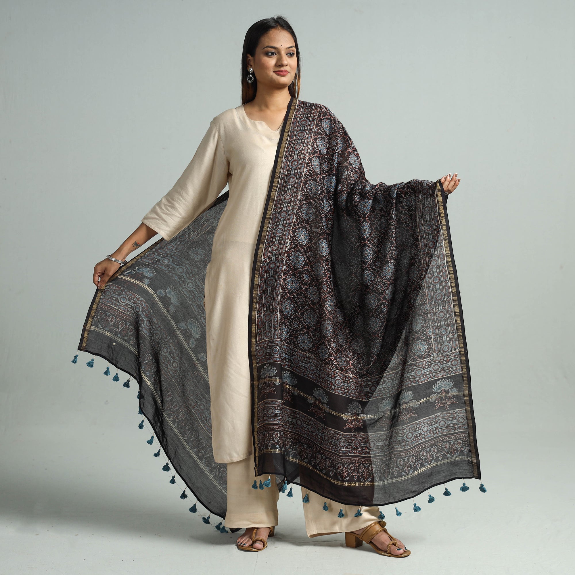KACHCHH JI CHHAAP Black - Hand Block Print Chanderi Silk Ajrakh Dupatta 51