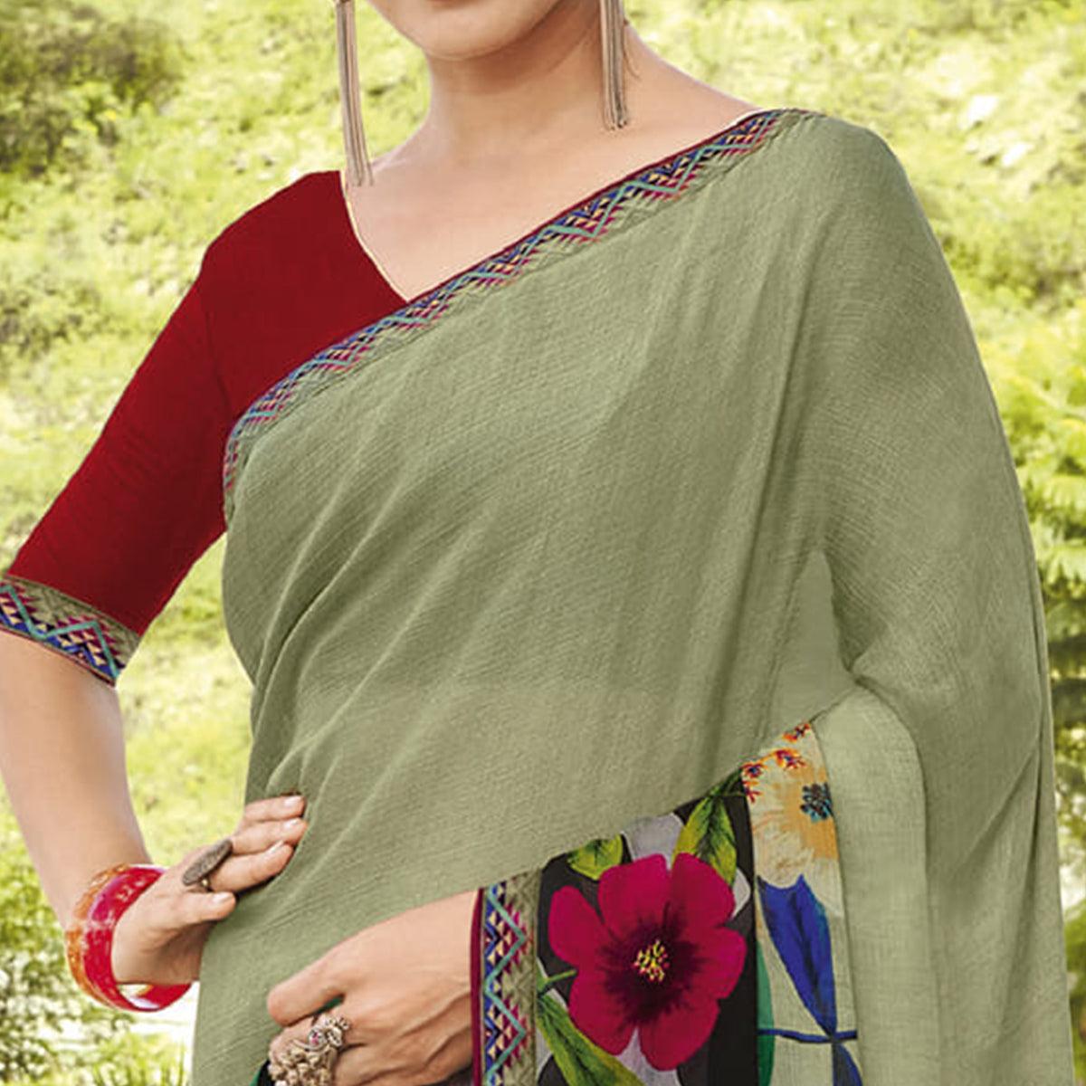Peachmode Dusty Green - Multicolored Partywear Floral Printed Chiffon Saree - view 2