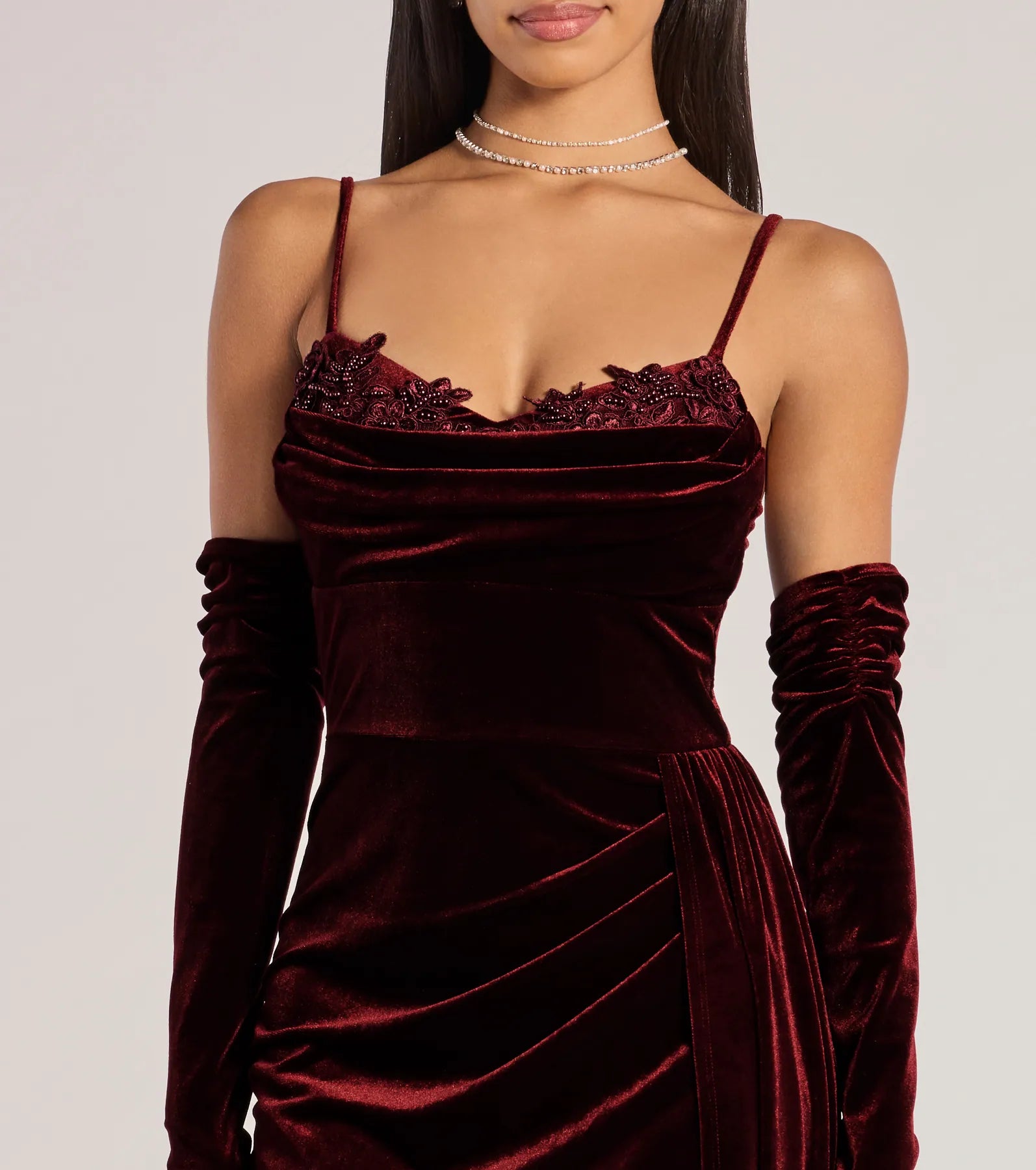 Windsor Inez Beaded Applique Velvet Formal Dress With Gloves - view 3
