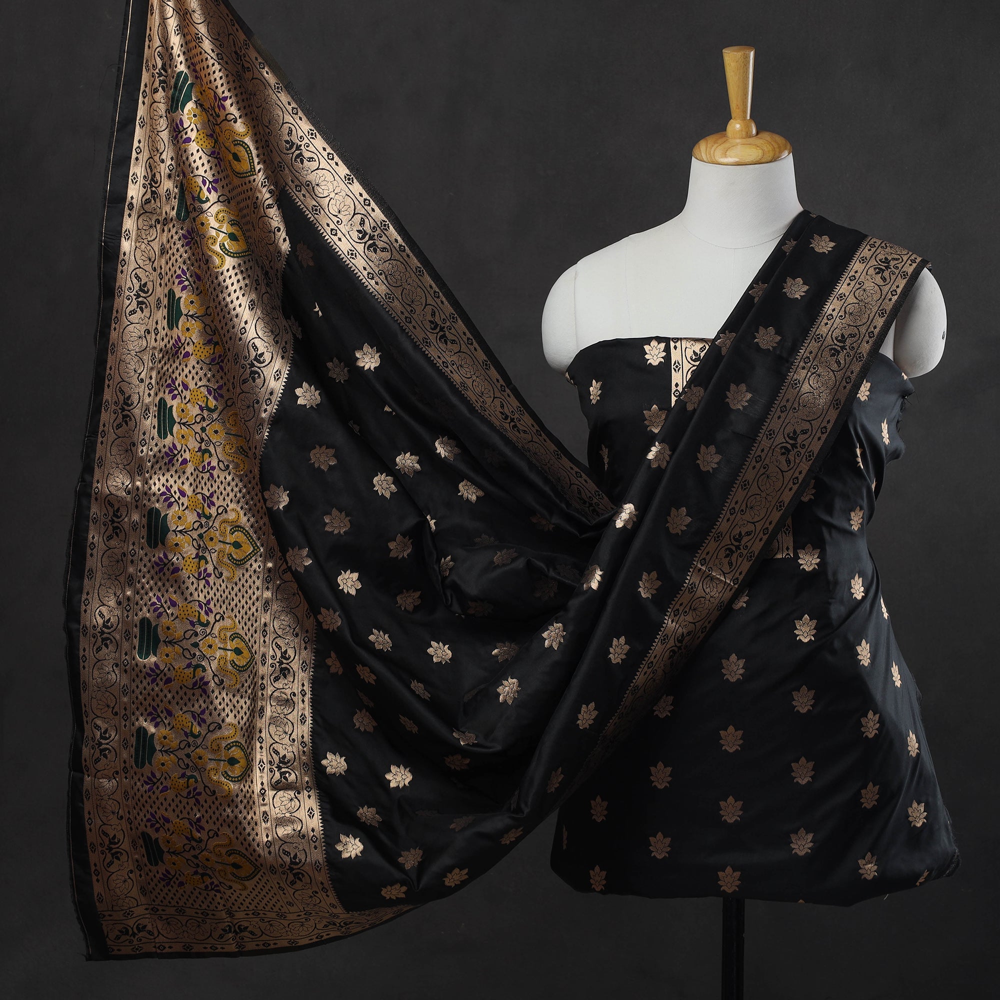 ITOKRI CRAFTS INITIATIVE Black - 2pc Paithani Weave Silk Suit Material Set 08