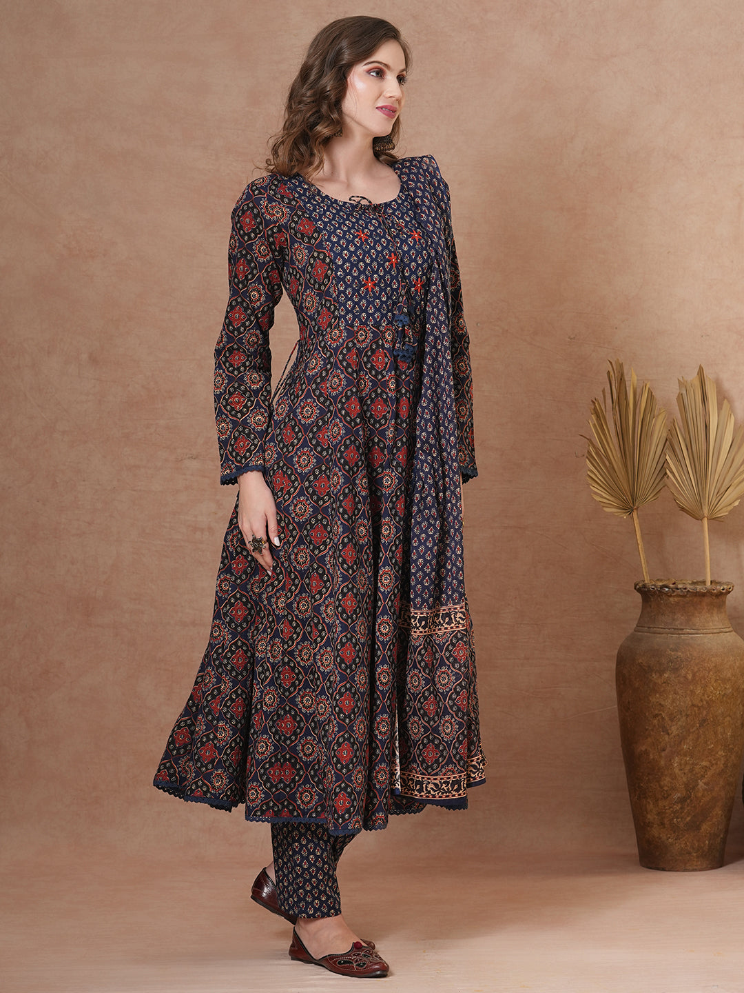 FASHOR Ethnic Floral Printed & Embroidered Anarkali Kurta with Pant & Dupatta - Blue - view 5