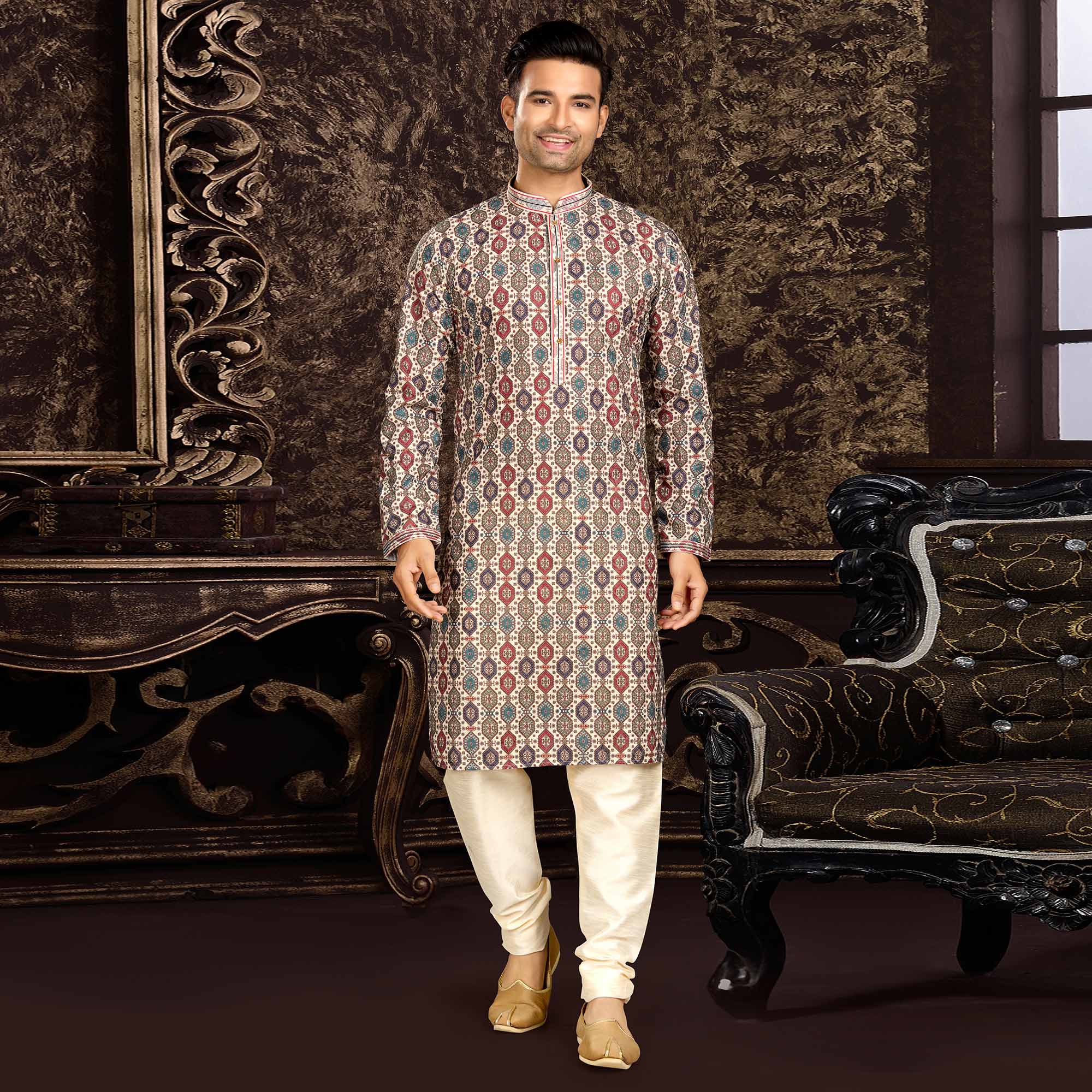 Peachmode Seller Multicolor Lucknowi And Digital Printed Cotton Kurta Pyjama Set - view 2