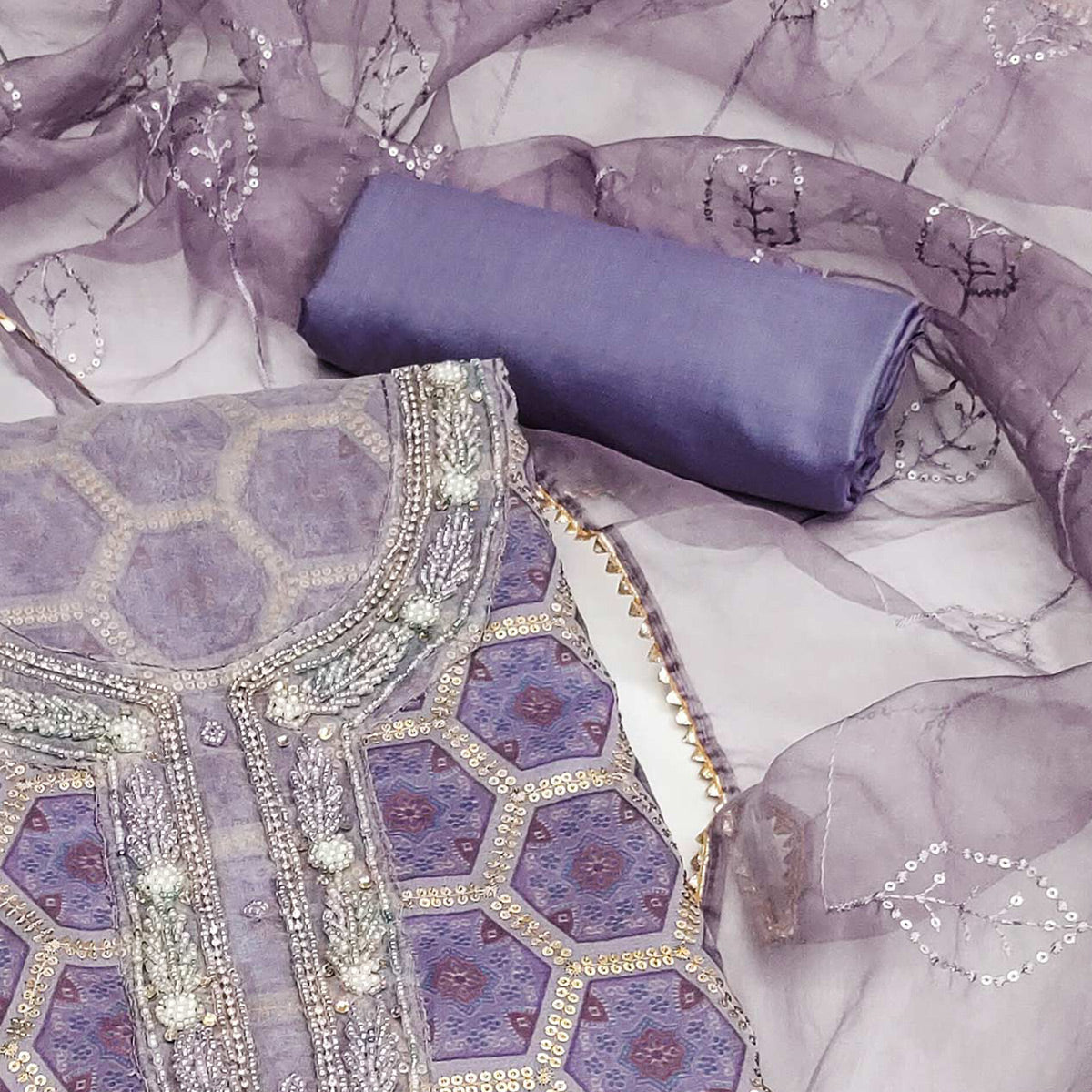 Peachmode Lavender Printed Organza Dress Material - view 2