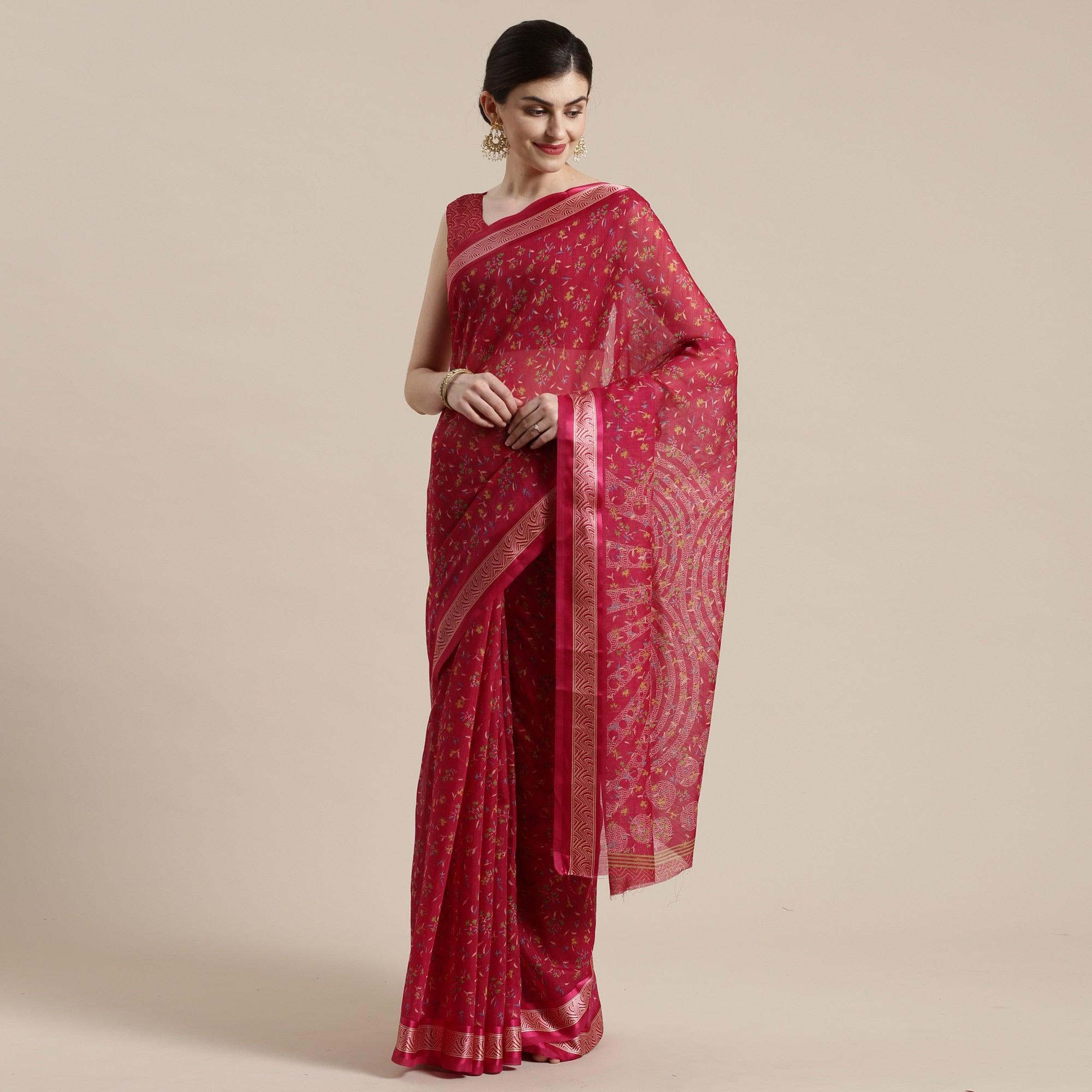 Peachmode Delightful Red Colored Casual Wear Floral Printed Cotton Silk Saree