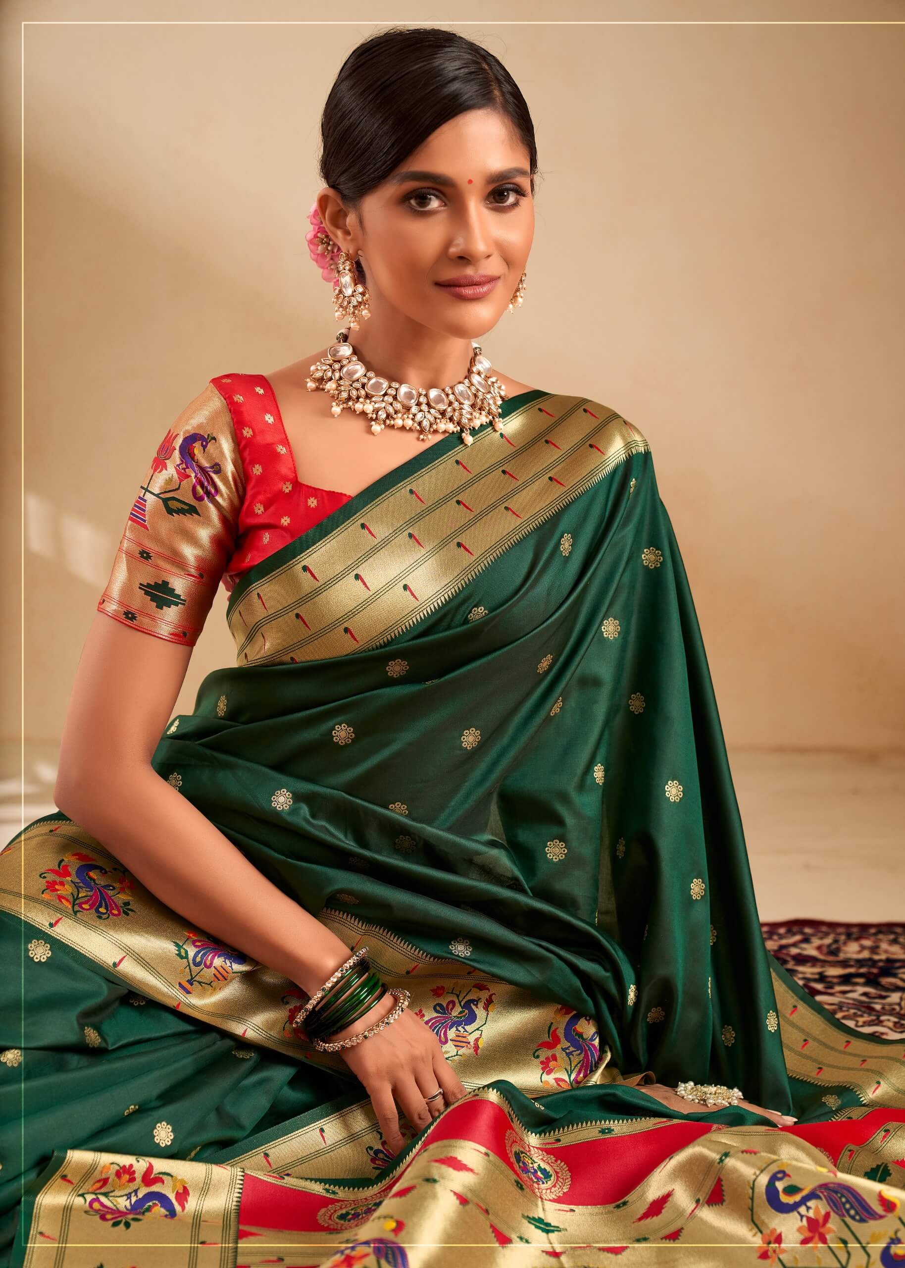 Rajpath Panache Dark Green Paithani Silk Saree With Vestigial Blouse Piece - view 2
