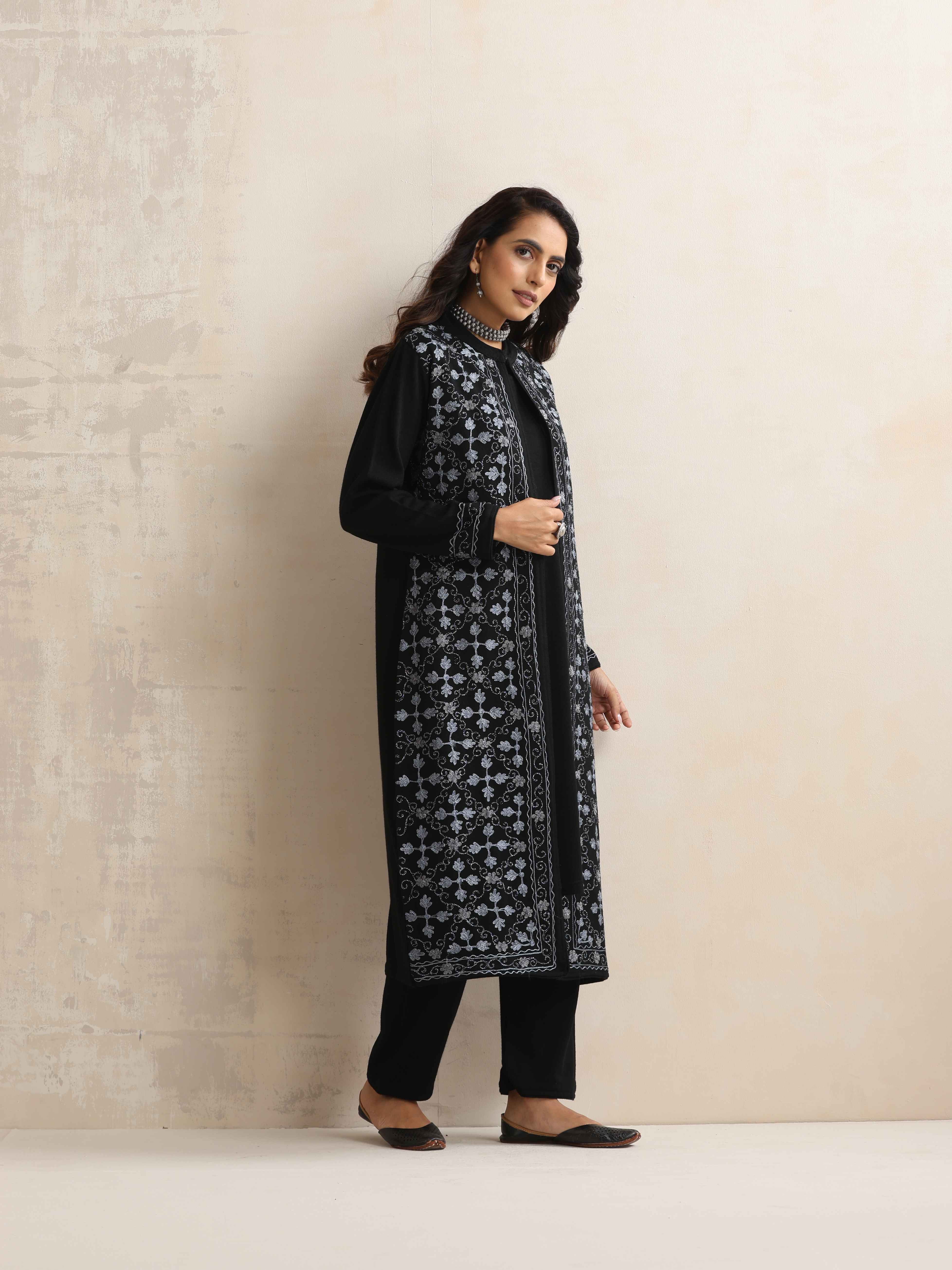 trueBrowns Black Kashmiri Woollen Jacket 3pc Set - view 4