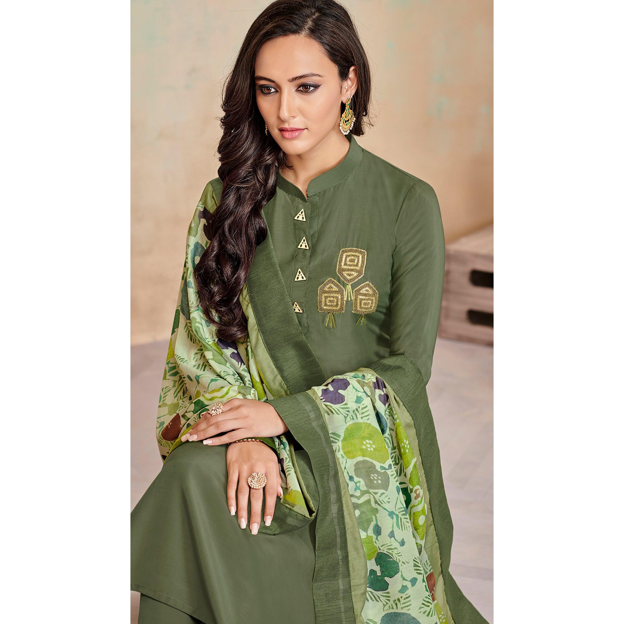 Peachmode Seller Captivating Olive Green Colored Partywear Cotton Suit - view 2