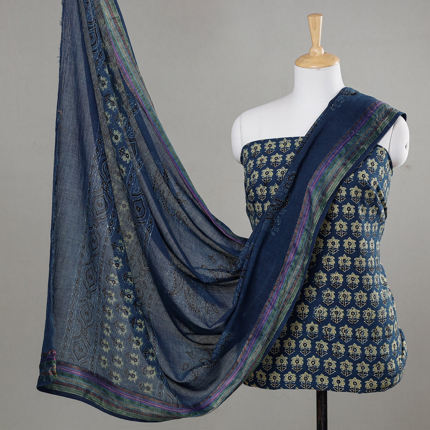 KACHCHH JI CHHAAP Blue - 3pc Ajrakh Block Printed Cotton Suit Material Set