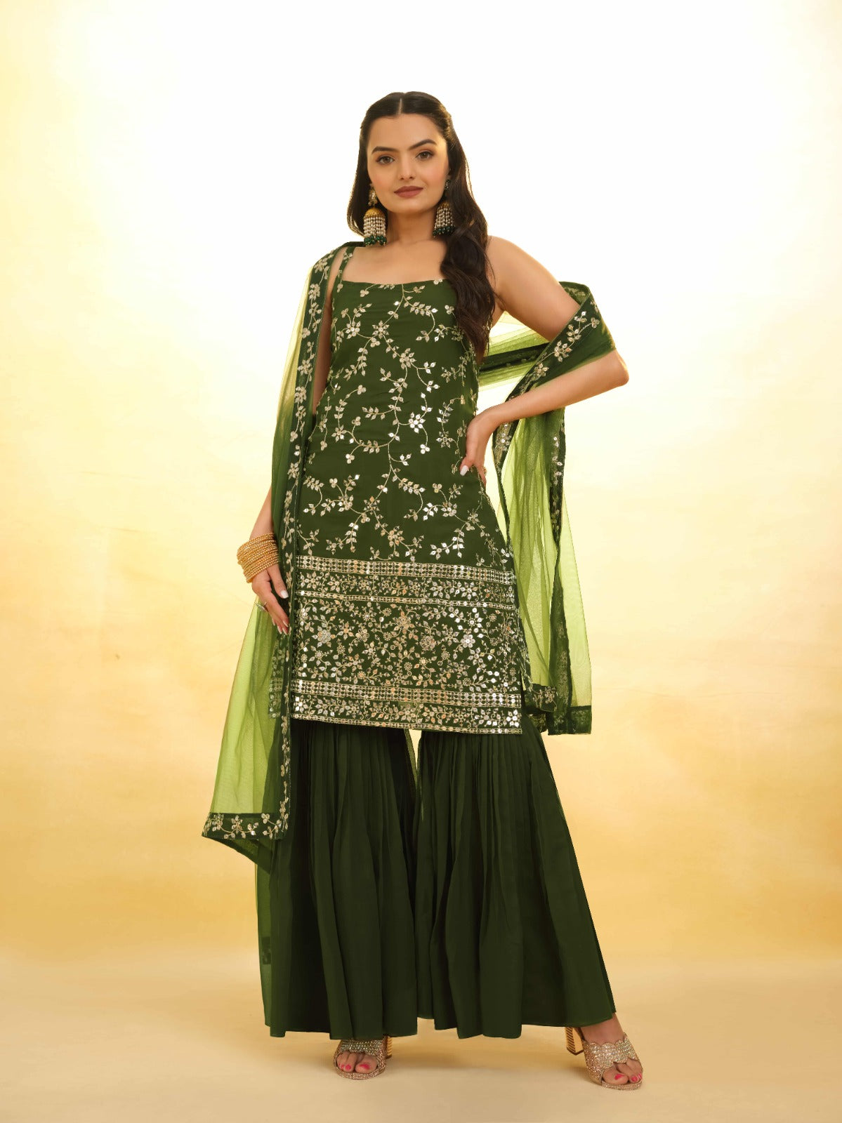 ClothsVilla Mehndi Green Georgette Suit with Embroidery and Shantoon Bottom - view 3