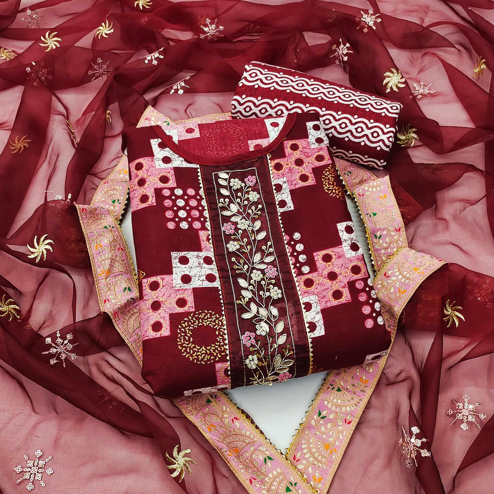 Peachmode Maroon Printed With Embellished Cotton Blend Dress Material