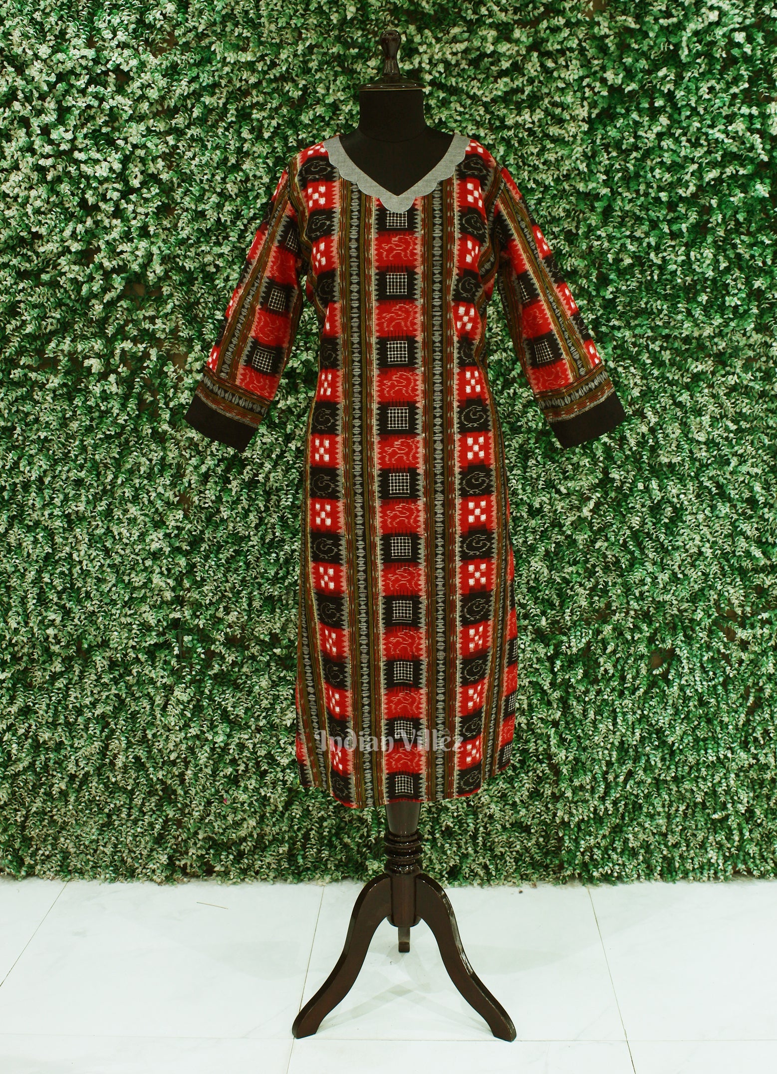 IndianVillèz Red Sambalpuri Pasapalli Theme Odisha Ikat Designer Cotton Kurti for Women