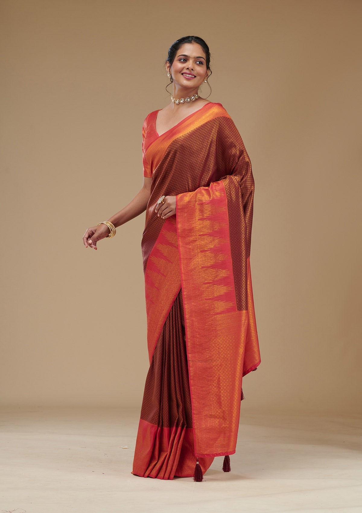 Koskii Wine Zariwork Art Silk Saree – Women's - view 4