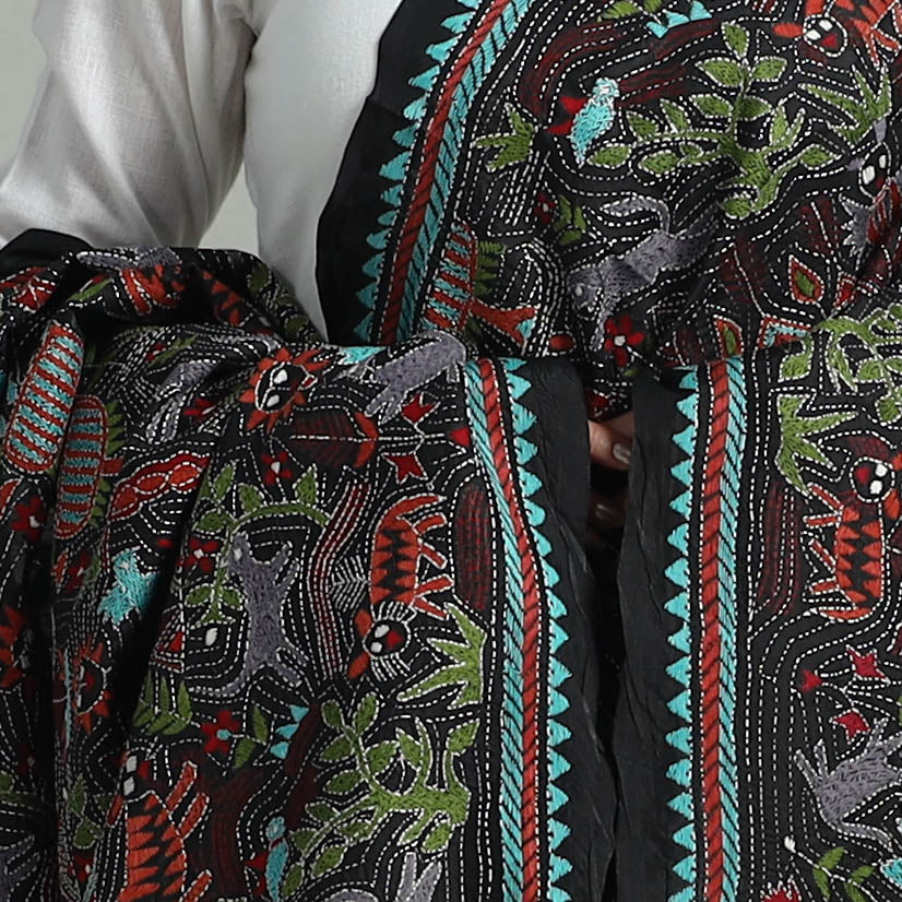KHUSHBASH - HAPPY LOOM OF EAST Black - Pure Handloom Silk Bengal Kantha Work Dupatta 01 - view 4