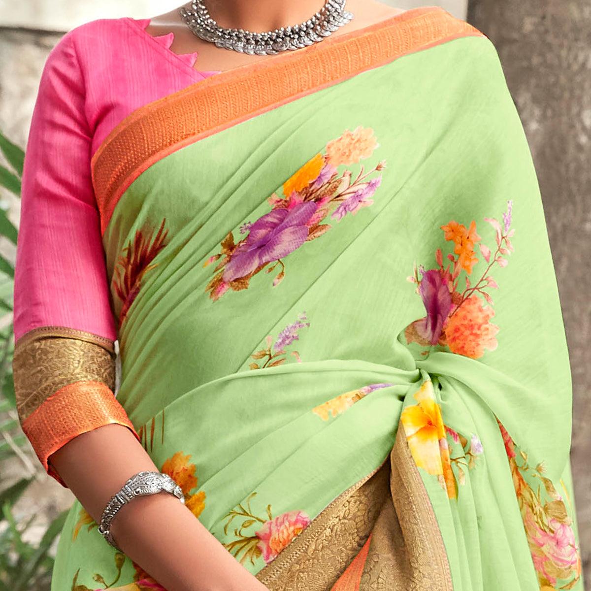 Peachmode Intricate Pista Green Colored Partywear Floral Printed Linen Silk Saree - view 2