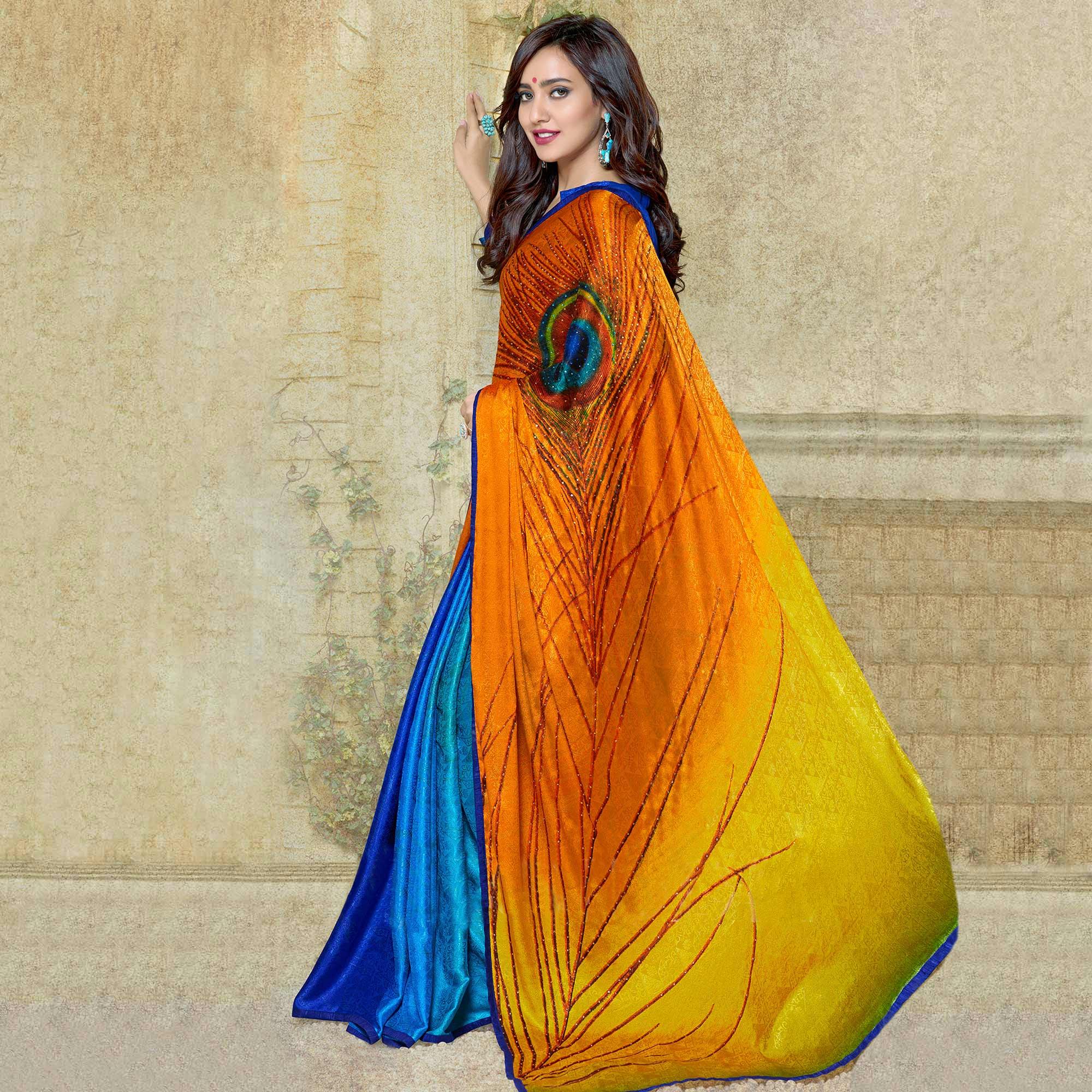 Peachmode Ideal Multi Colored Party Wear Printed Silk Crepe Saree