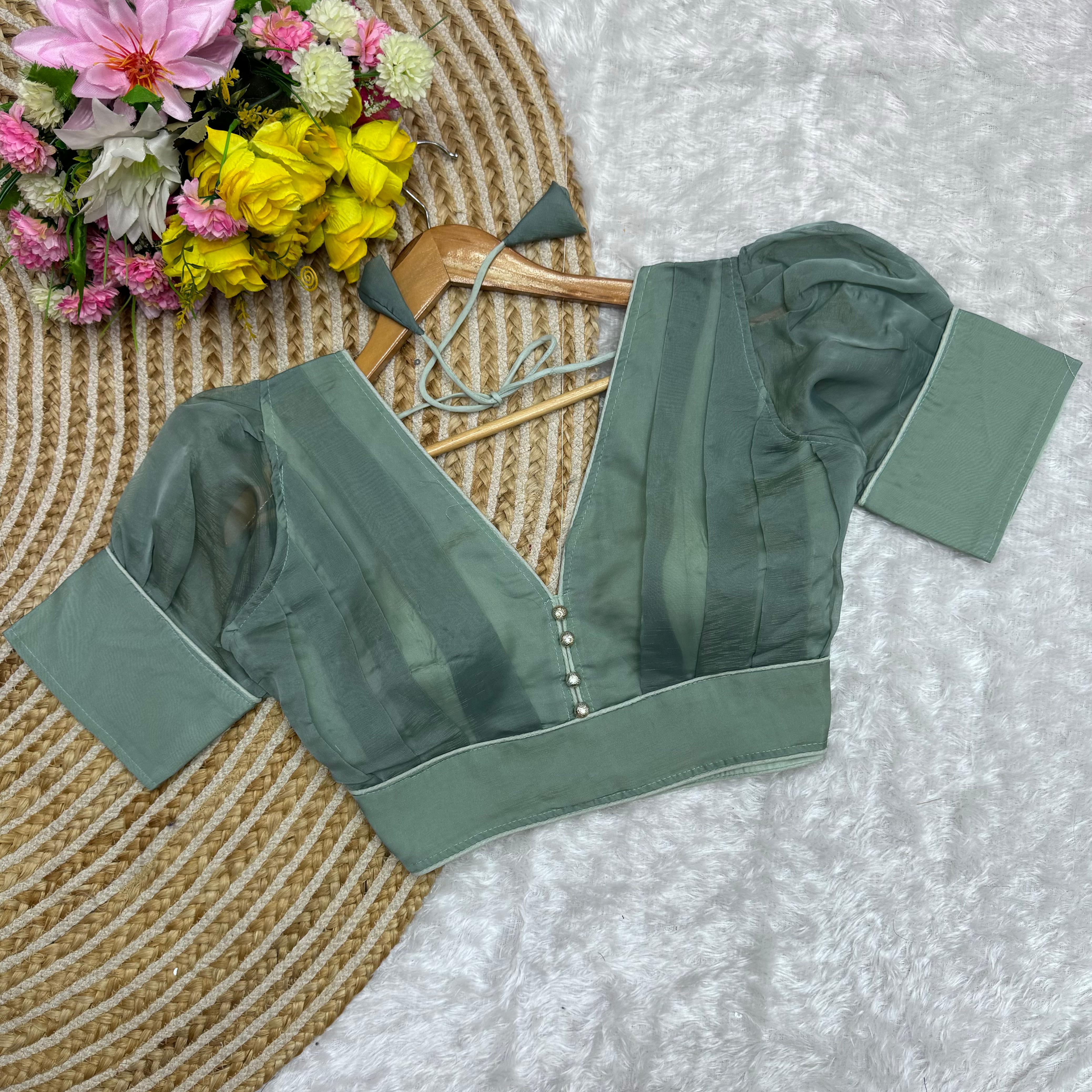 ClothsVilla Dark Pista Color Metallic Jari Blouse with Ruffled Pattern and Balloon Sleeves