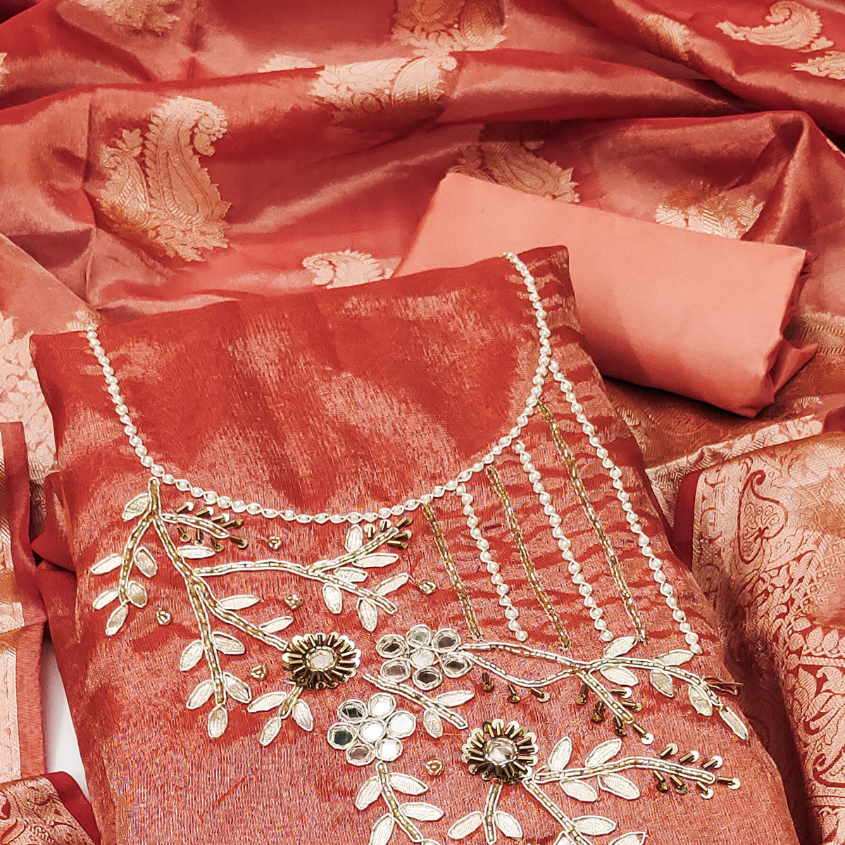 Peachmode Dark Peach Floral Moti With Gota Patti Handwork Viscose Dress Material - view 2
