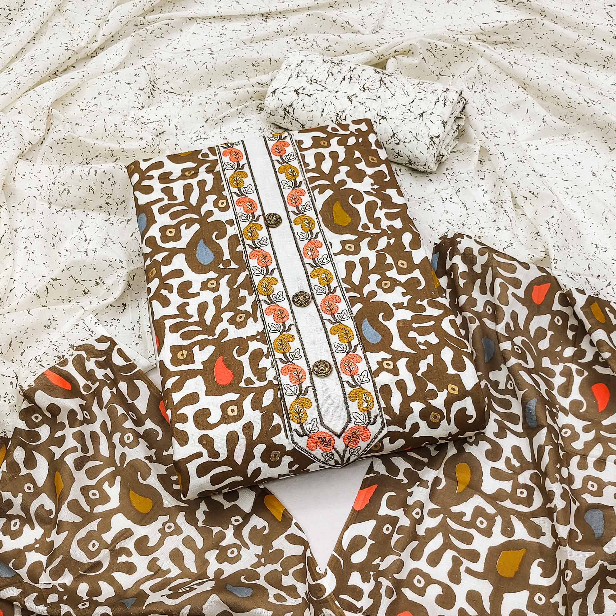 Peachmode Brown Printed Cotton Dress Material