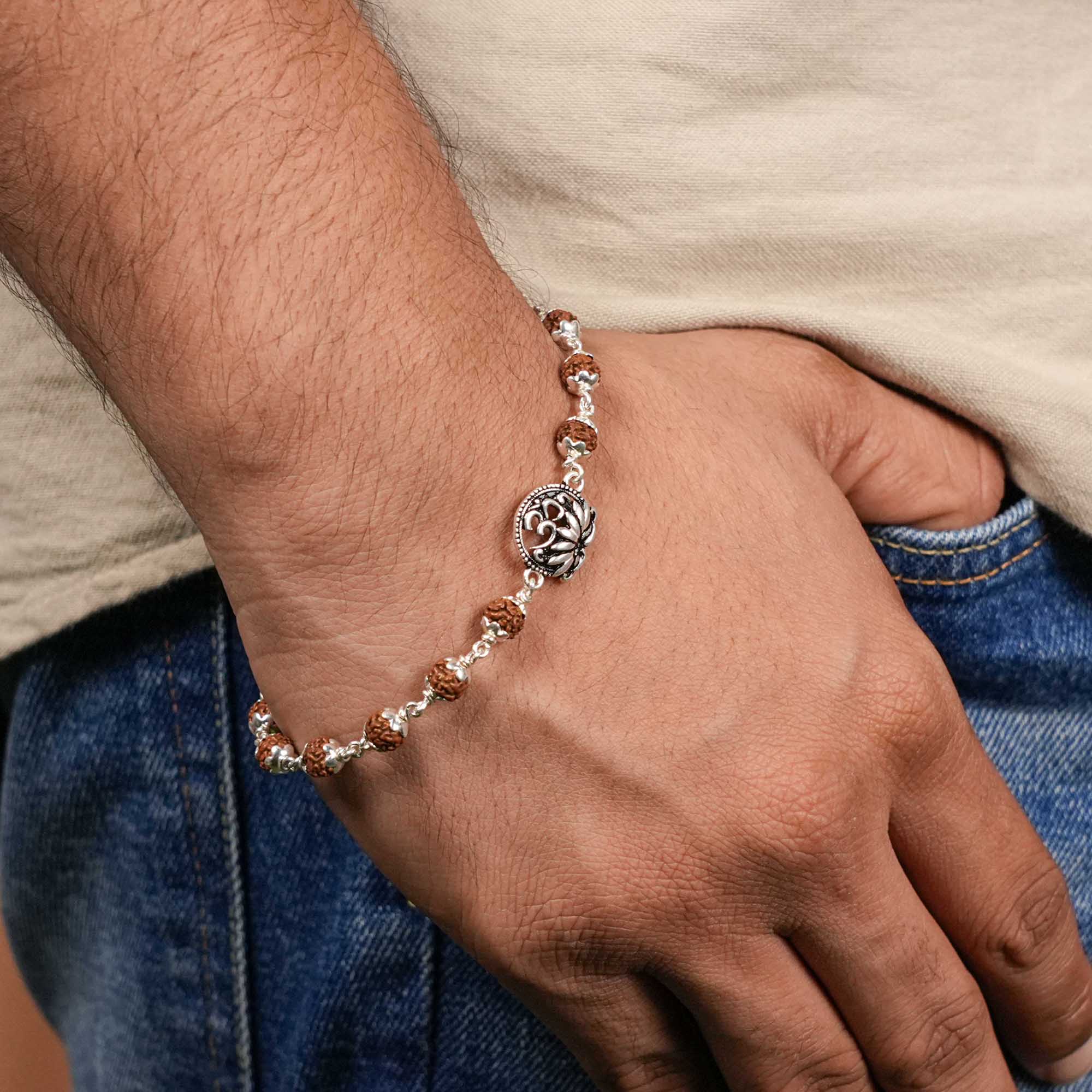Prinjal Jewellers Rudraksha silver bracelet with Om and lotus flower single line for Men - view 2