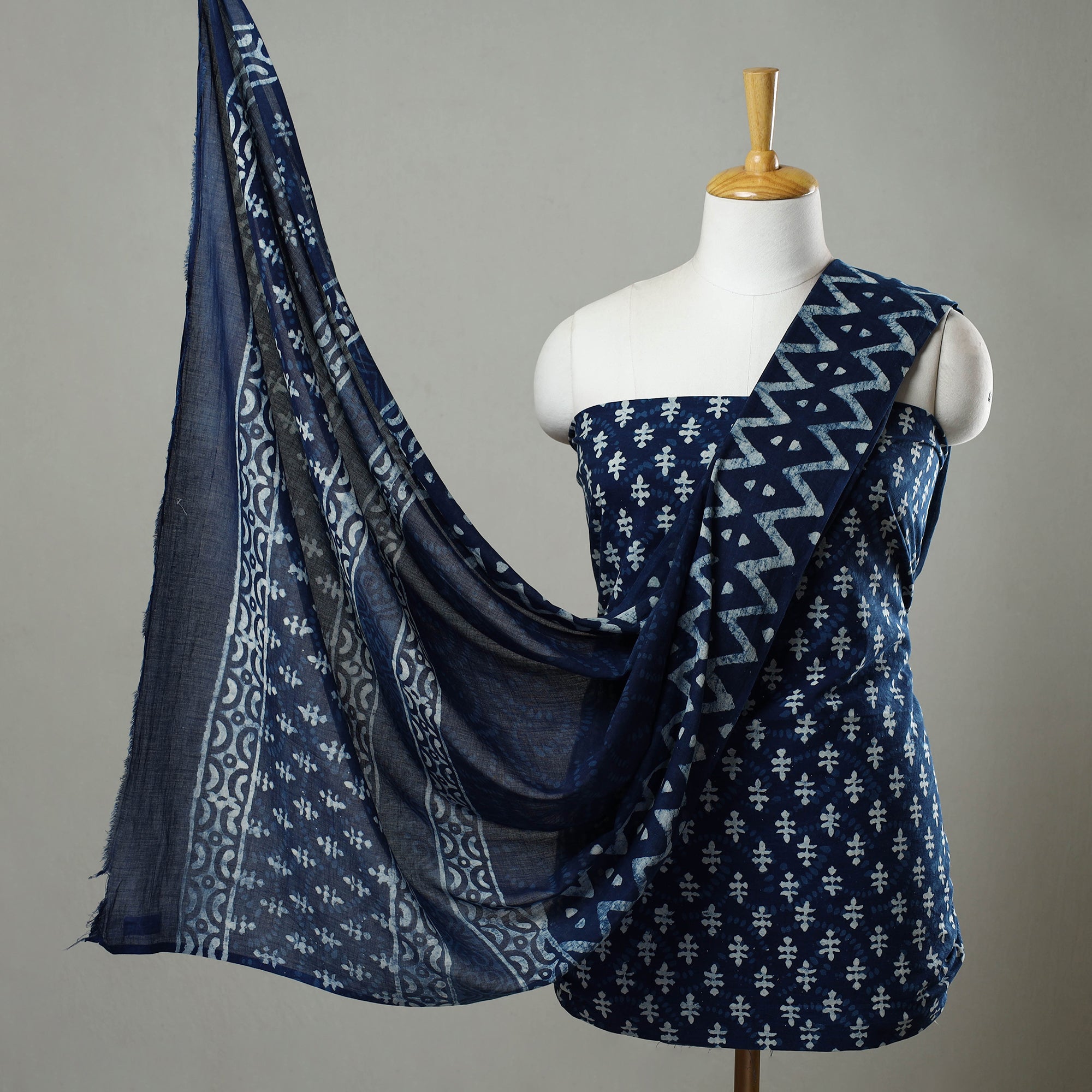 ARTISAN HAND BLOCK PRINTS Blue - 3pc Cotton Indigo Bagru Print Dress Material Set 19