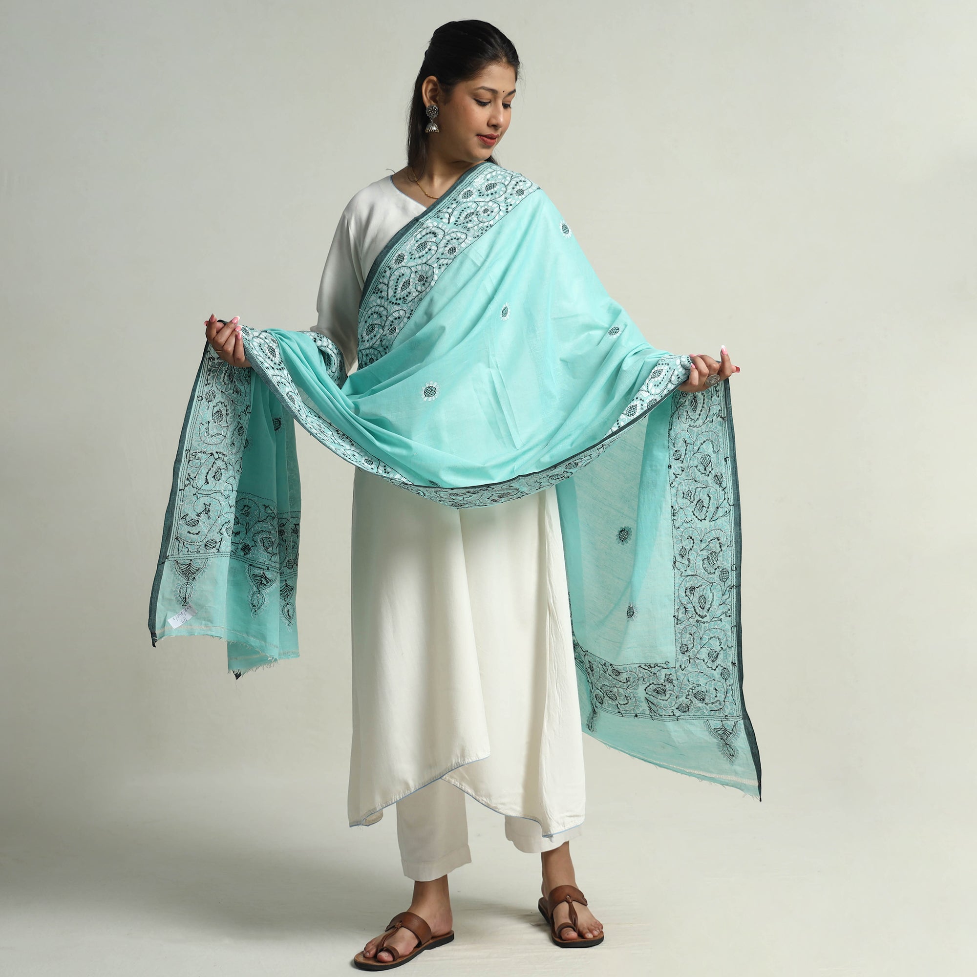 KHUSHBASH - HAPPY LOOM OF EAST Blue - Bengal Kantha Hand Embroidery Cotton Handloom Dupatta 21 - view 2